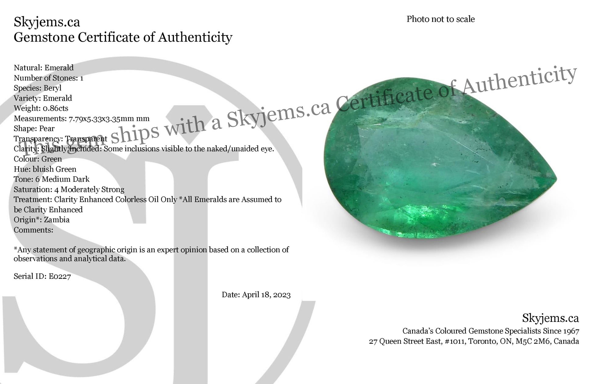 0.86ct Pear Green Emerald from Zambia - Skyjems Wholesale Gemstones