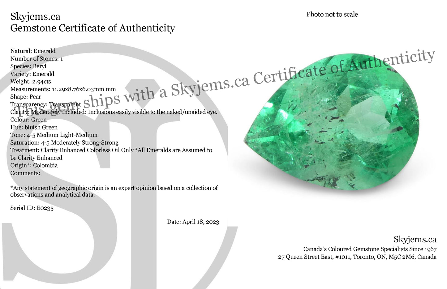 2.94ct Pear Green Emerald from Colombia - Skyjems Wholesale Gemstones