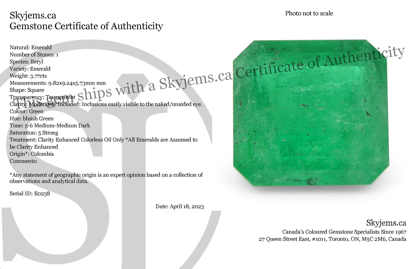 3.77ct Square Green Emerald from Colombia - Skyjems Wholesale Gemstones