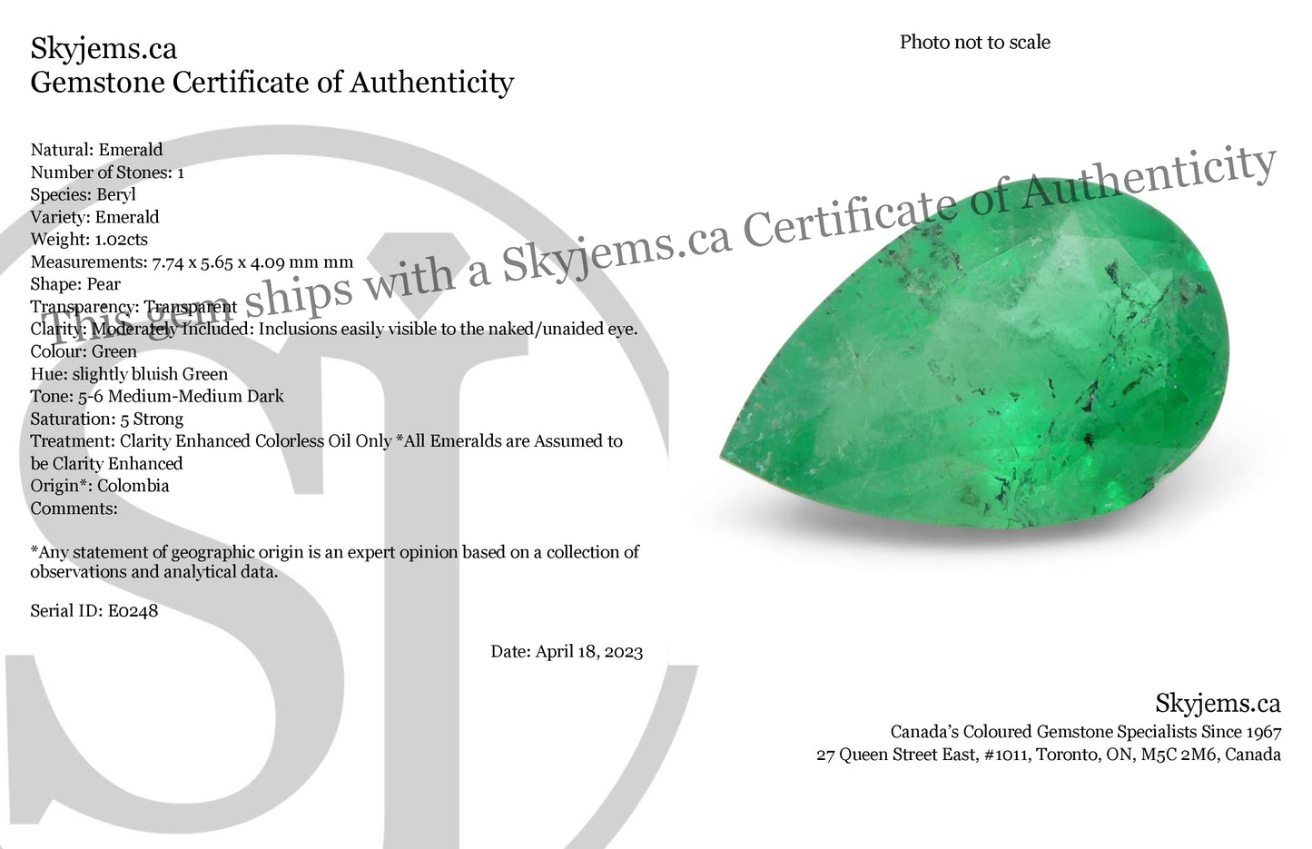 1.02ct Pear Green Emerald from Colombia - Skyjems Wholesale Gemstones