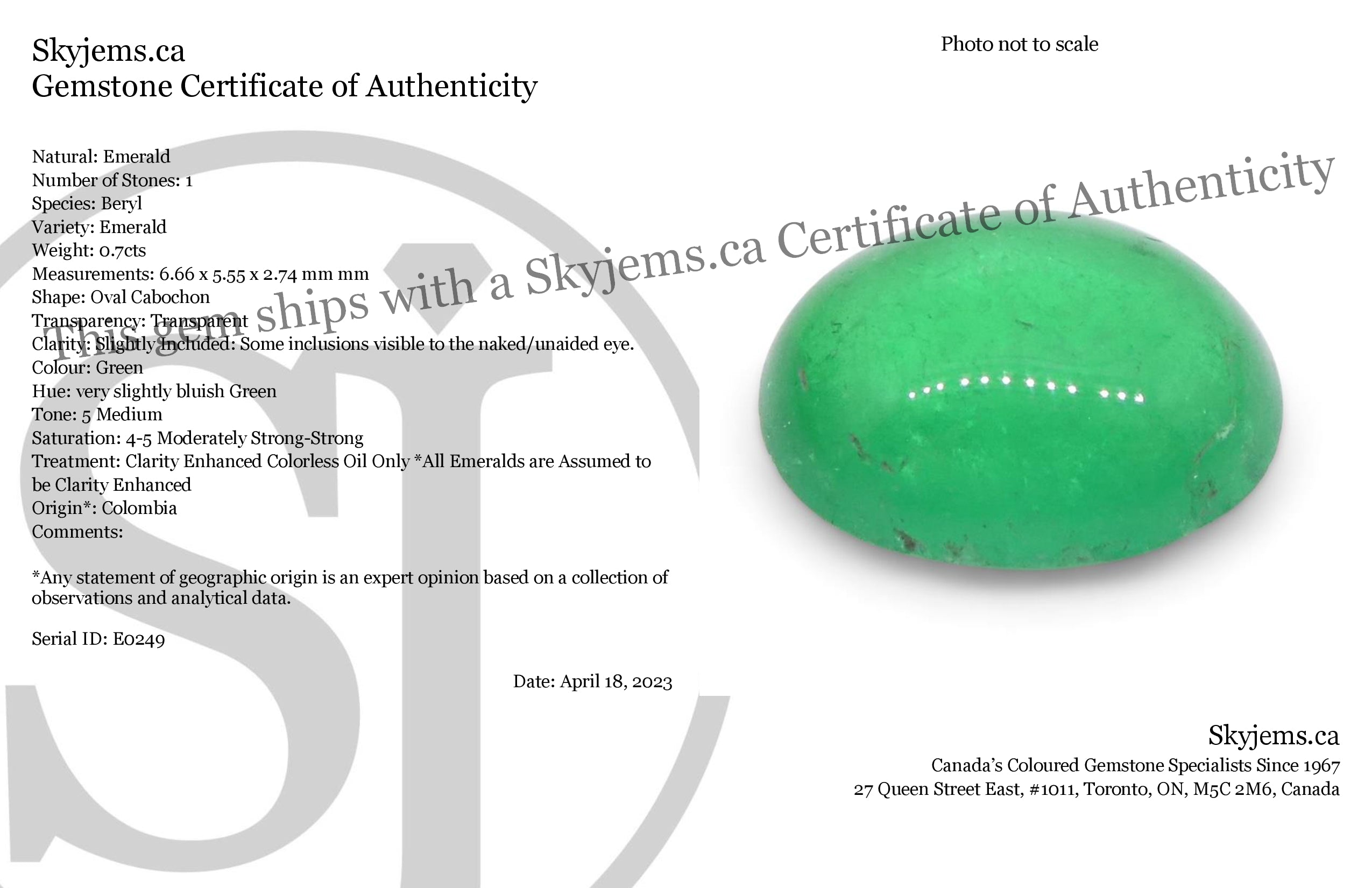 SkyJems 0.7ct Colombian Green Emerald Oval Cabochon, rare beryl gemstone with vibrant medium-green hue
