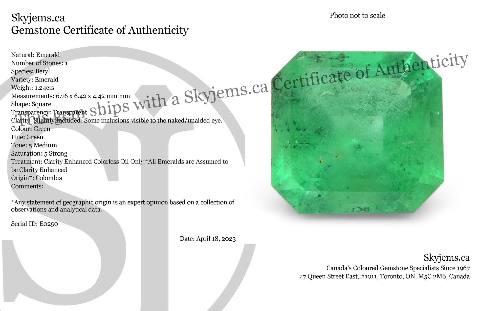 1.24ct Square Green Emerald from Colombia - Skyjems Wholesale Gemstones