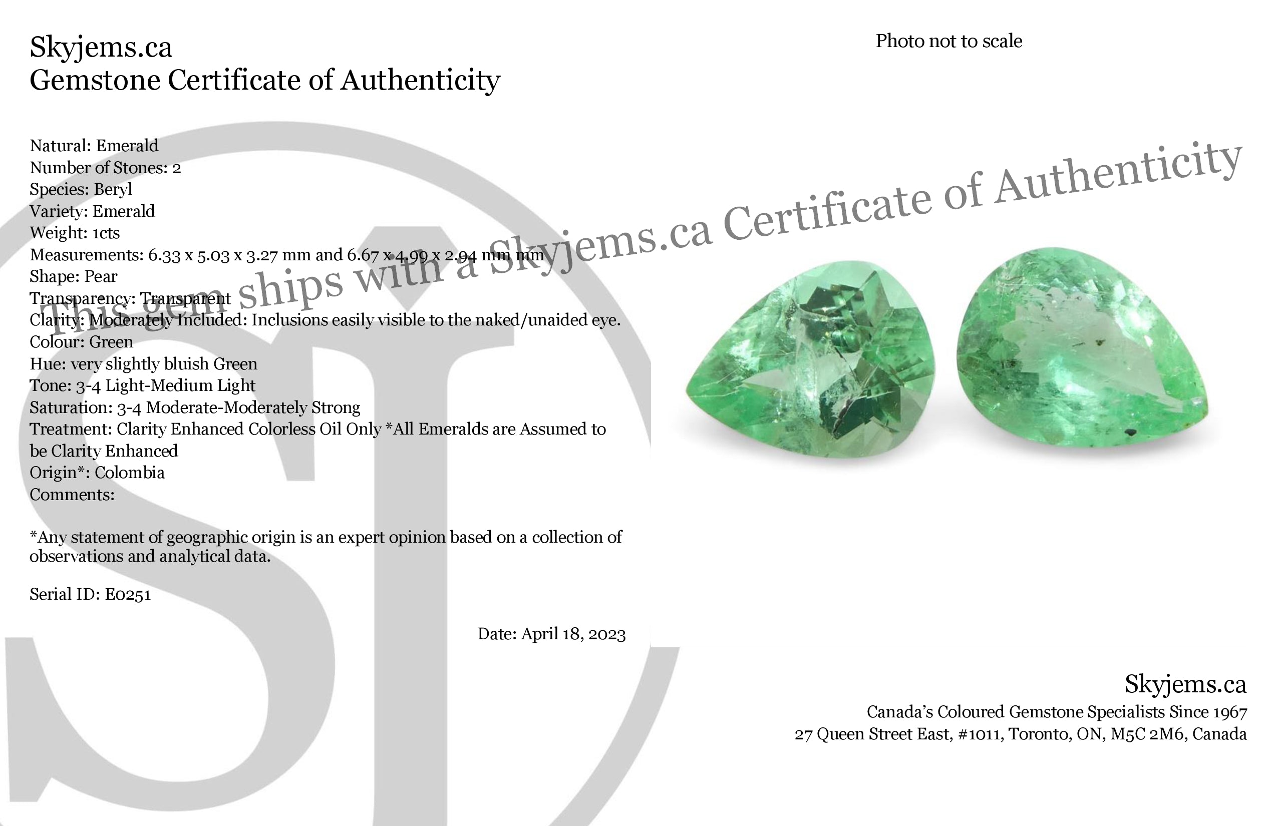 SkyJems Colombian 1ct Pear Green Emerald Pair, premium light-medium green beryl gemstones from South American source