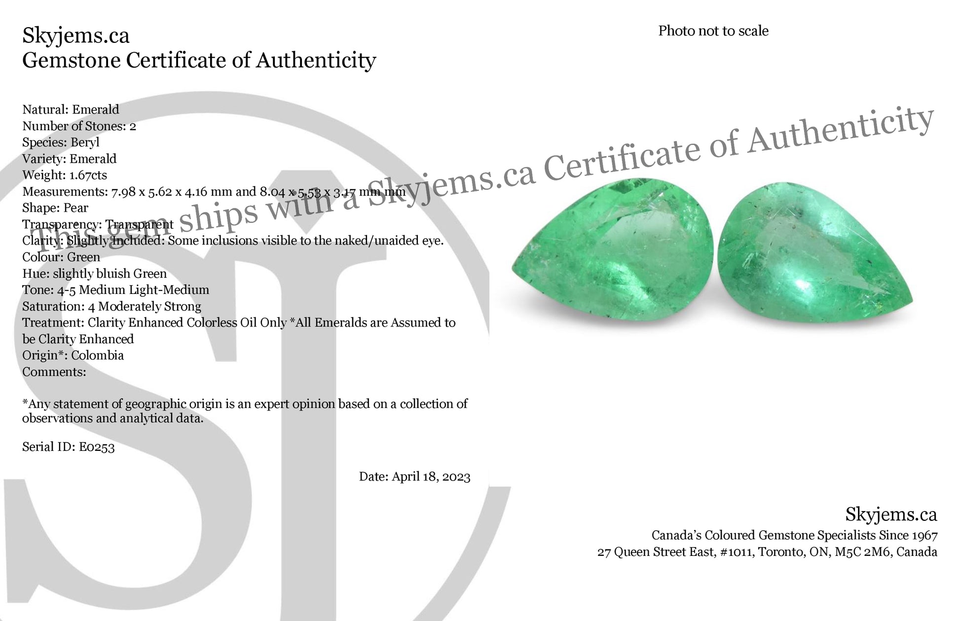 1.67ct Pair Pear Green Emerald from Colombia - Skyjems Wholesale Gemstones