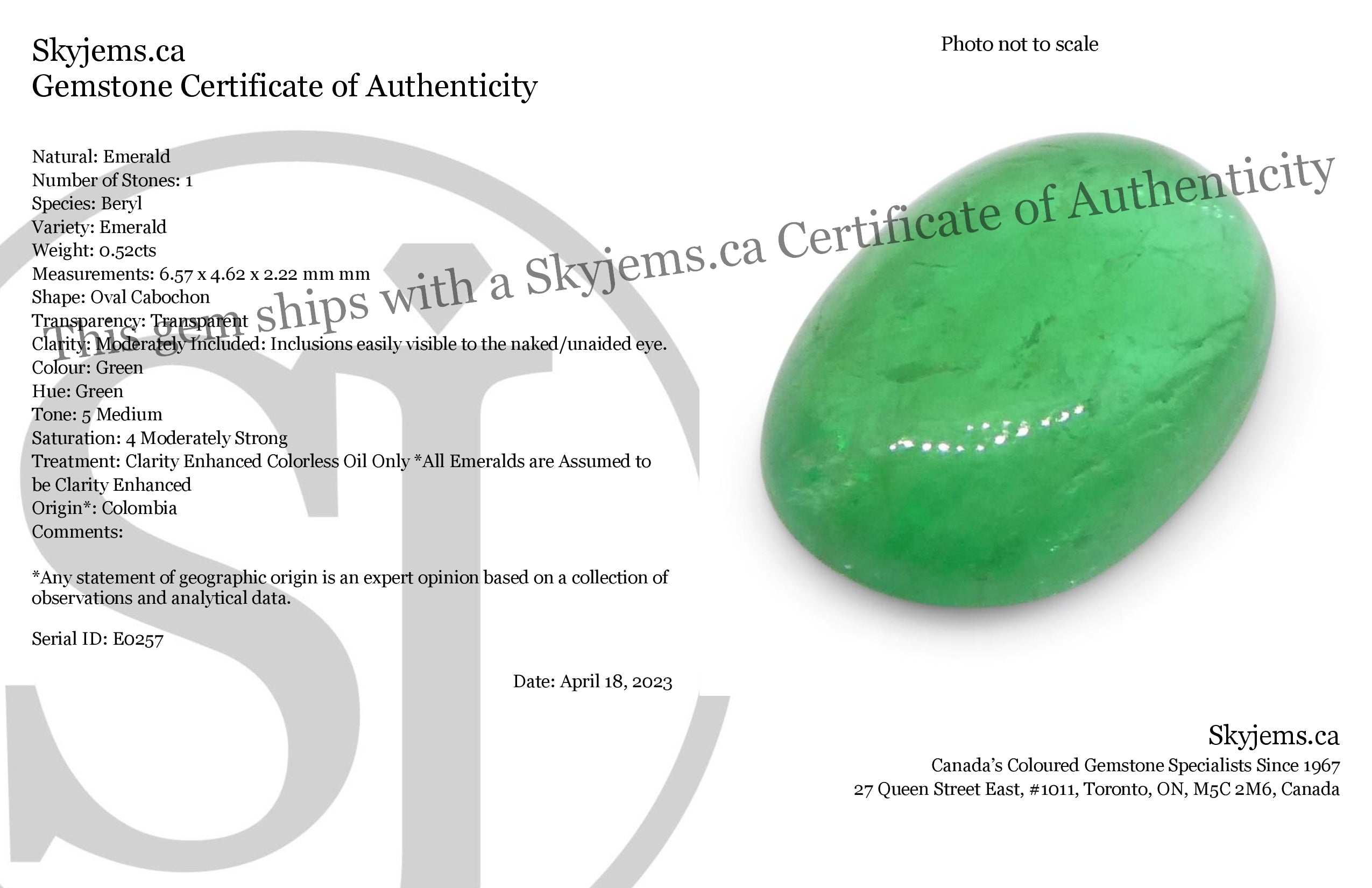 0.52ct Green Colombian Emerald Oval Cabochon Gemstone by SkyJems, Rare Natural Beryl Collector's Stone