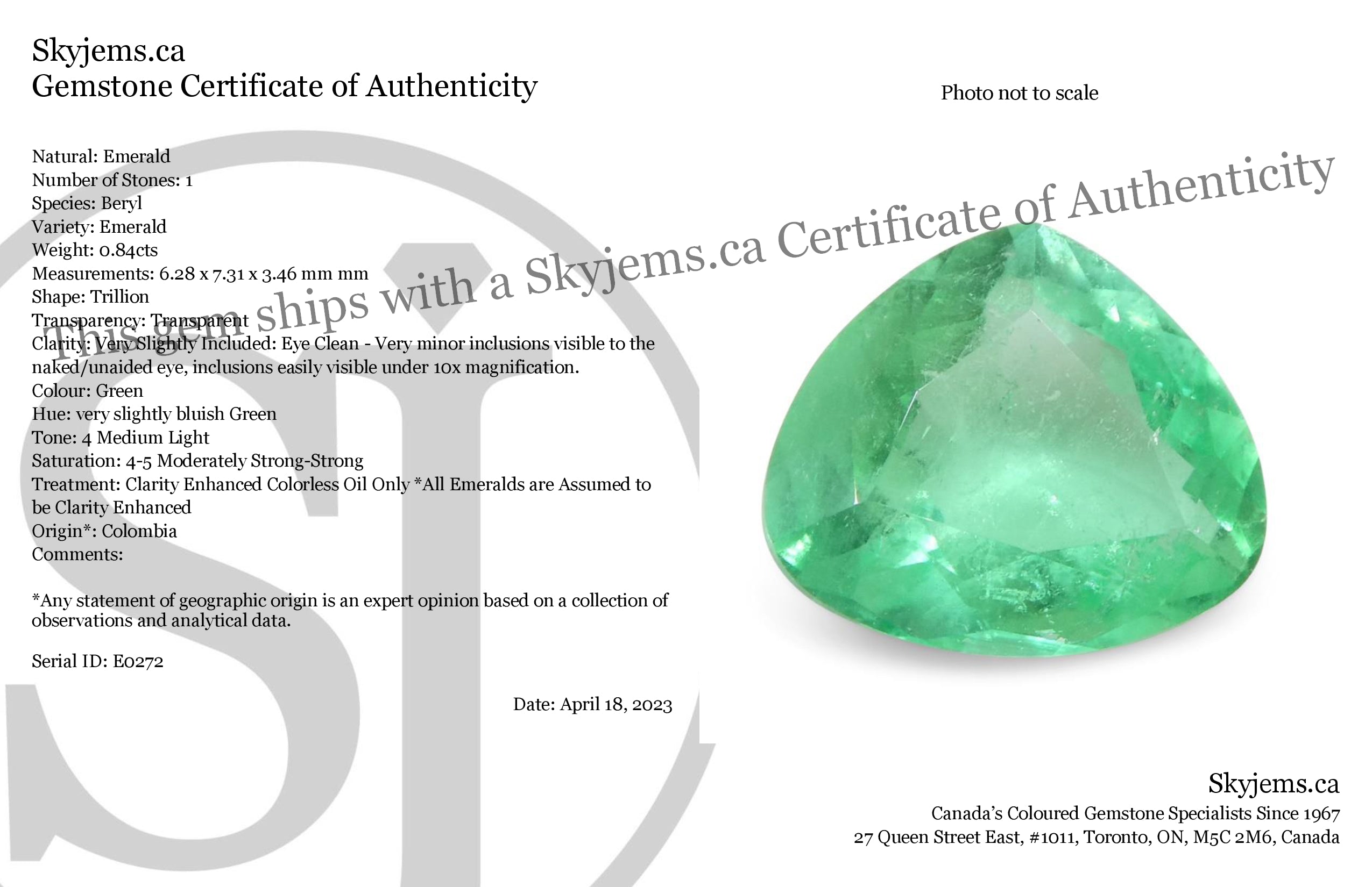 0.84ct Colombian Green Emerald Trillion Cut, Vibrant Green Gemstone by SkyJems Fine Gems Canada