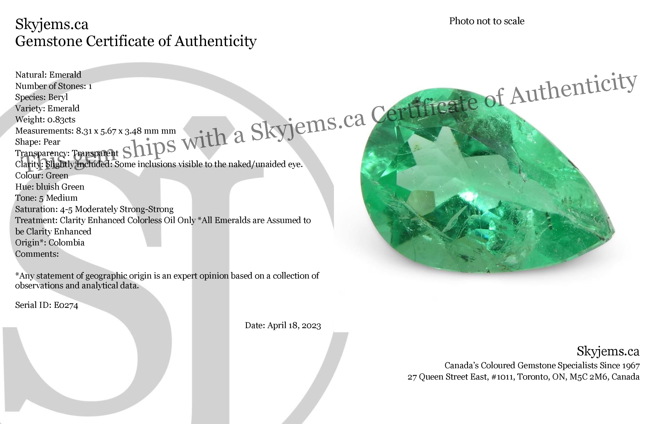 0.83ct Colombian Pear Green Emerald, bluish green beryl gemstone from SkyJems premium colored gem collection