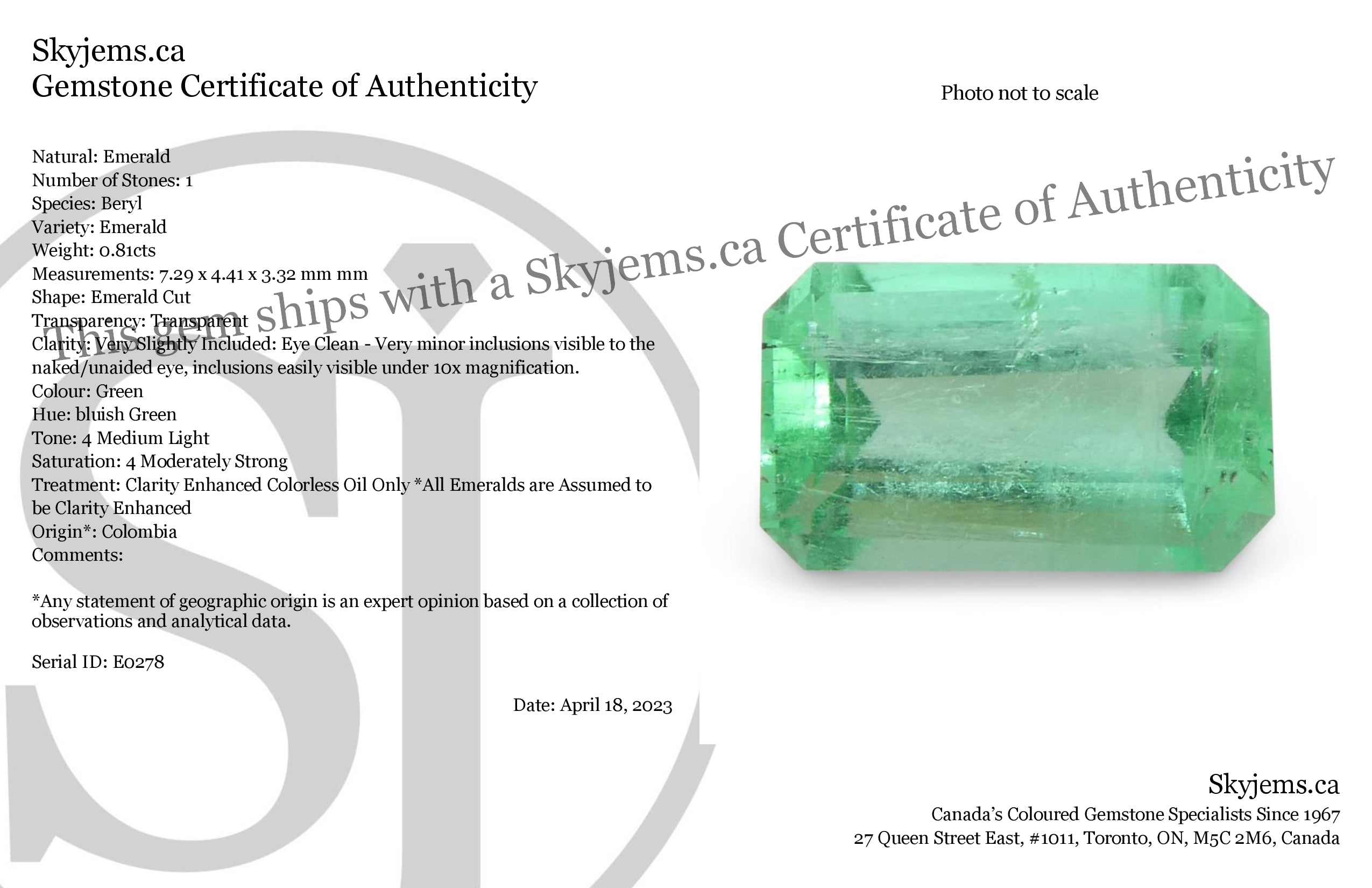 0.81ct Colombian Emerald, bluish green emerald cut gemstone from SkyJems' premium Colombian beryl collection
