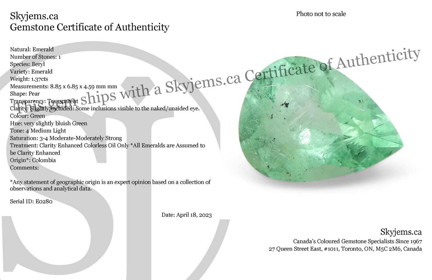 1.37ct Pear Green Emerald from Colombia - Skyjems Wholesale Gemstones