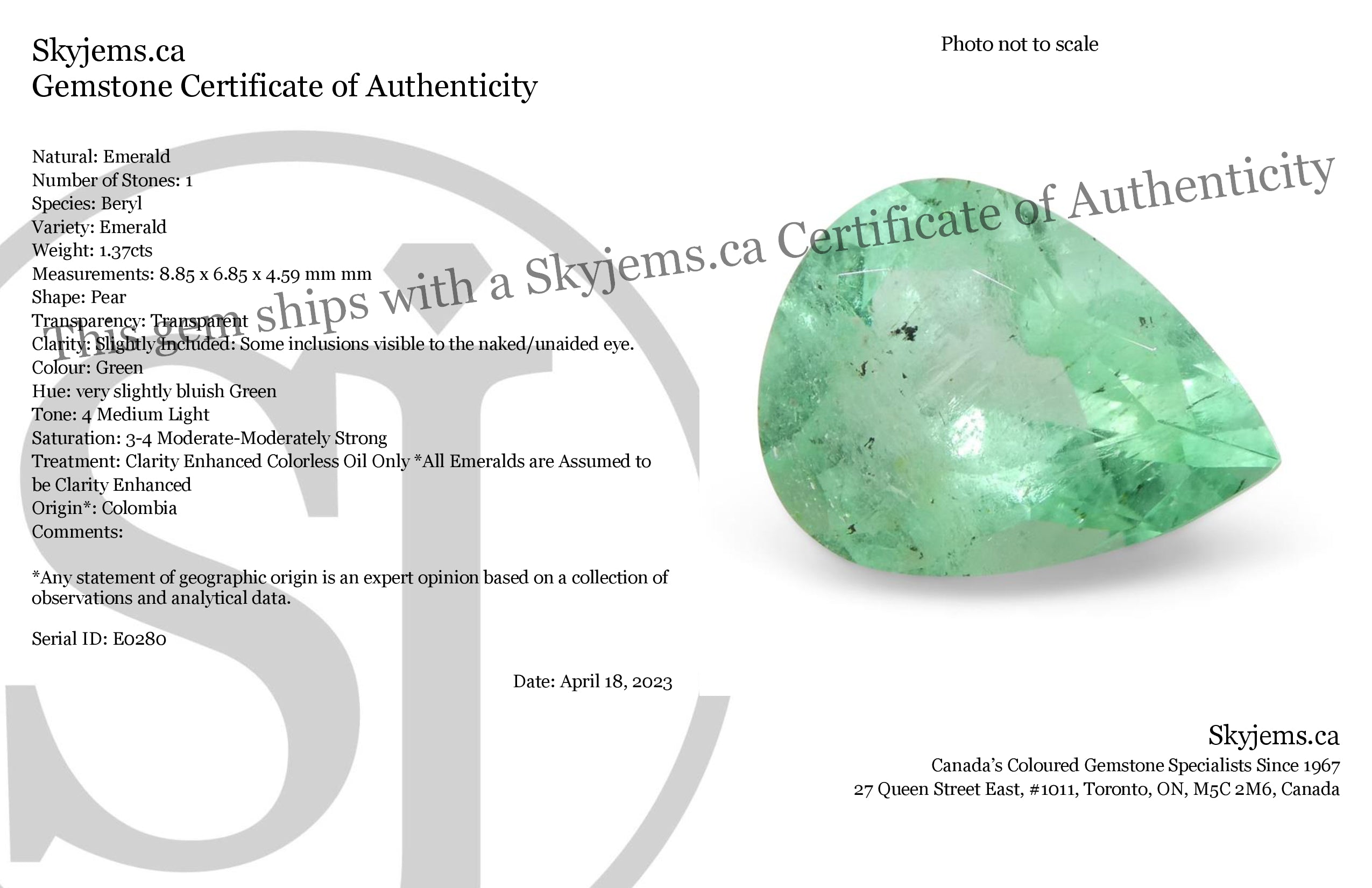 1.37ct Colombian Pear Green Emerald, Moderate Clarity | Premium Beryl Gemstone by SkyJems Canada