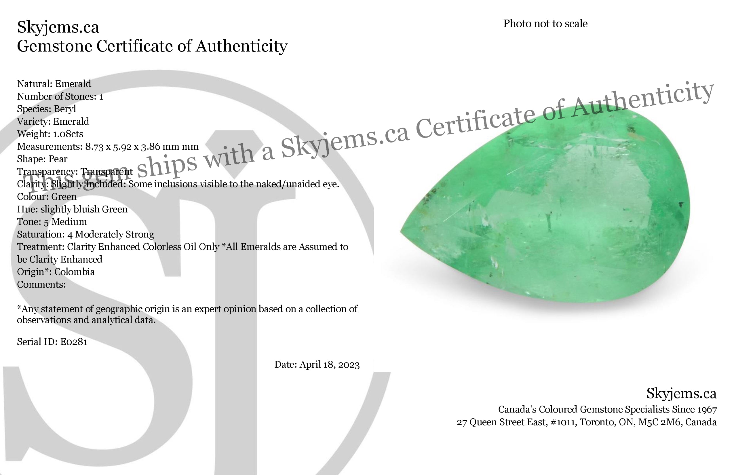 1.08ct Colombian Pear Green Emerald, Moderately Strong Color, SkyJems Fine Gemstones Collection