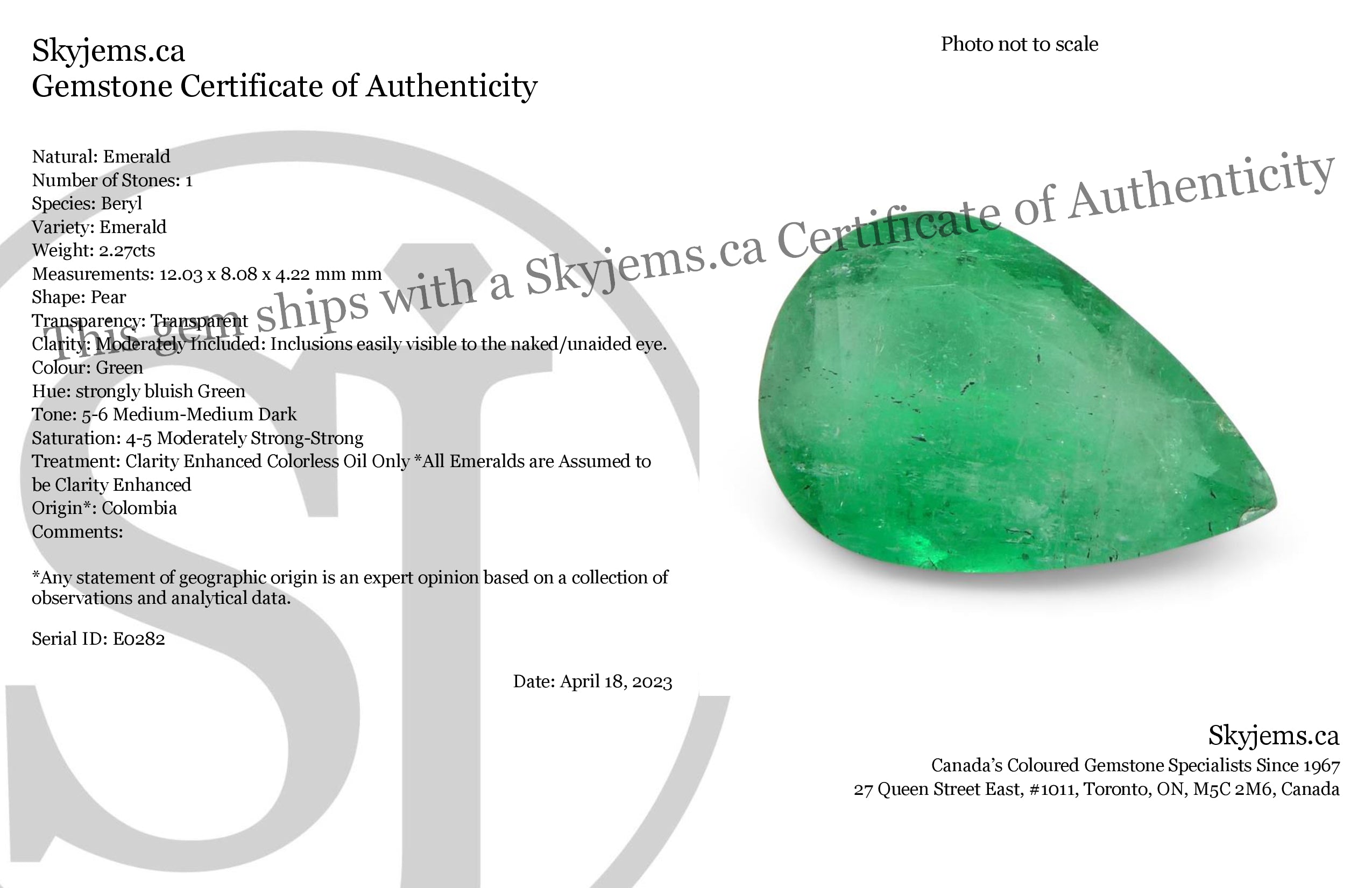2.27ct Colombian Pear Green Emerald, Bluish-Green Beryl Gemstone from SkyJems Fine Gem Collection