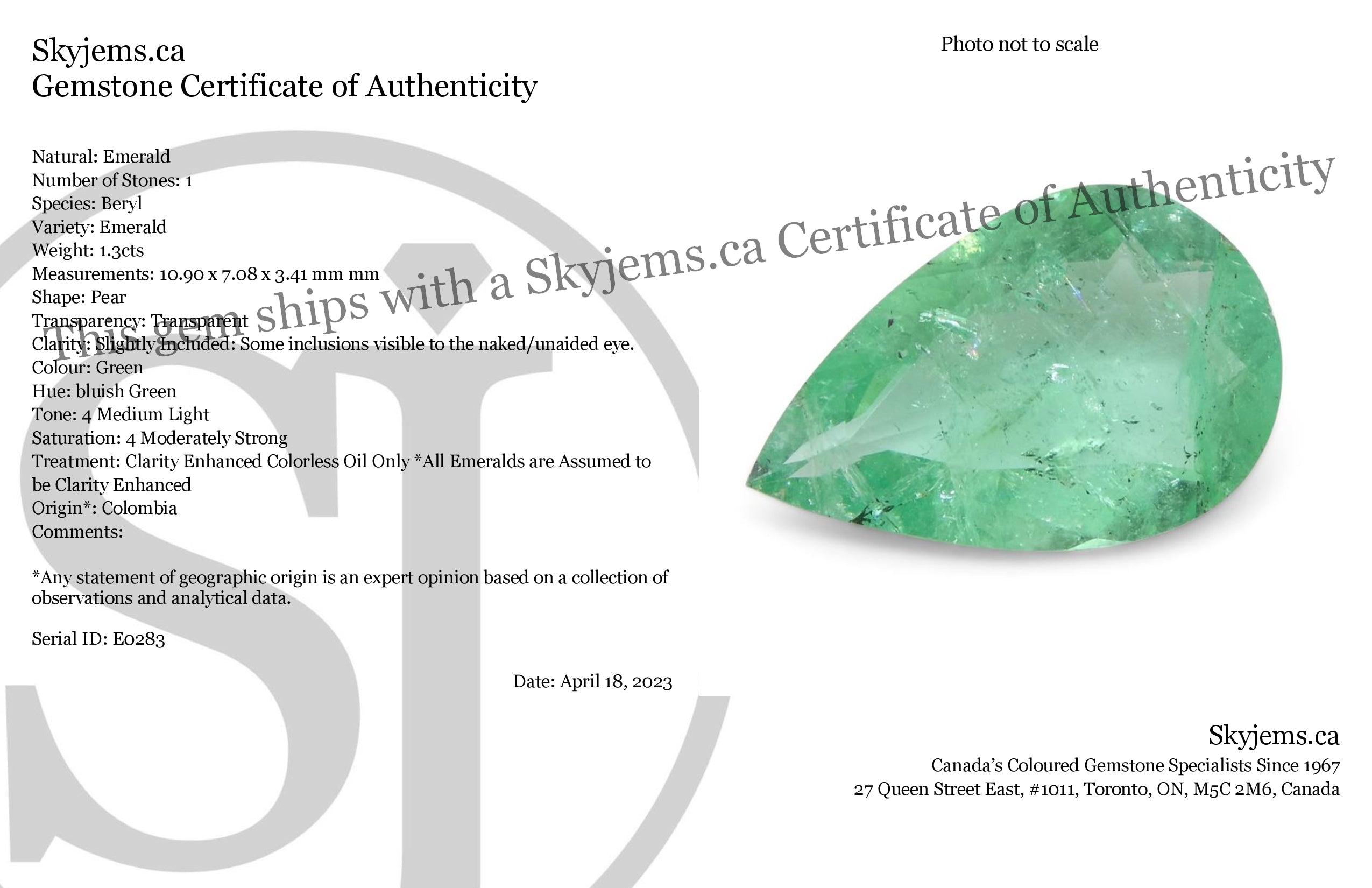 1.3ct Colombian Pear Green Emerald, Bluish Green Beryl Gemstone from SkyJems Fine Gems Collection