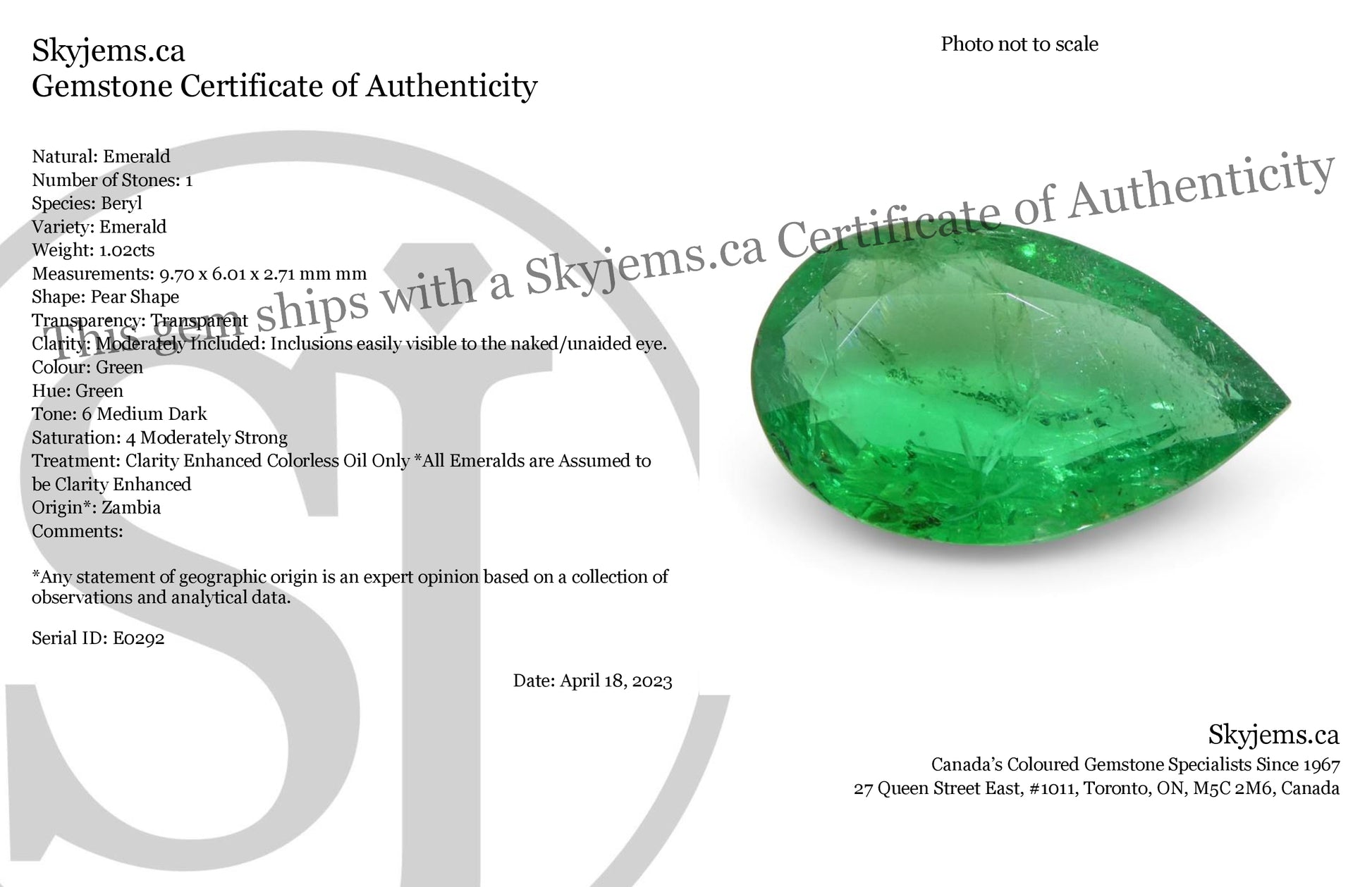 1.02ct Pear Shape Green Emerald from Zambia - Skyjems Wholesale Gemstones