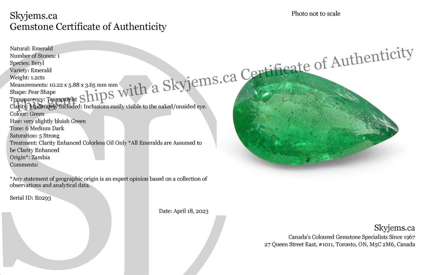 1.2ct Pear Shape Green Emerald from Zambia - Skyjems Wholesale Gemstones