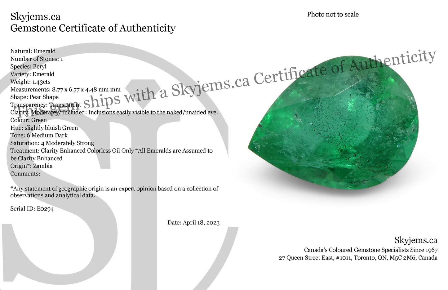 1.43ct Pear Shape Green Emerald from Zambia - Skyjems Wholesale Gemstones