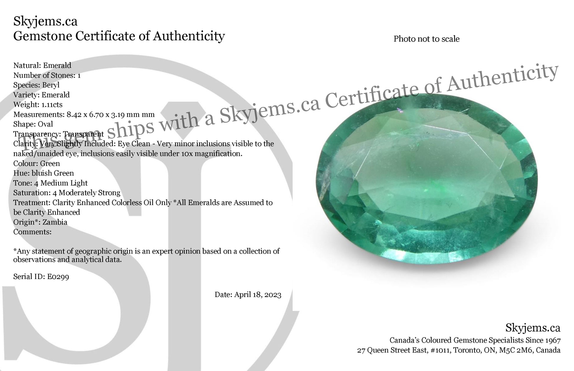 1.11ct Oval Green Emerald from Zambia - Skyjems Wholesale Gemstones