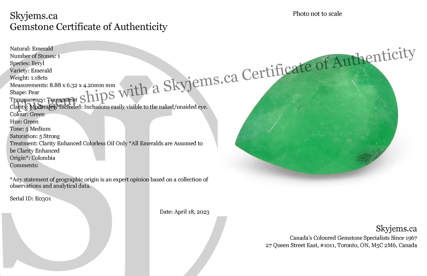 1.18ct Pear Green Emerald from Colombia - Skyjems Wholesale Gemstones