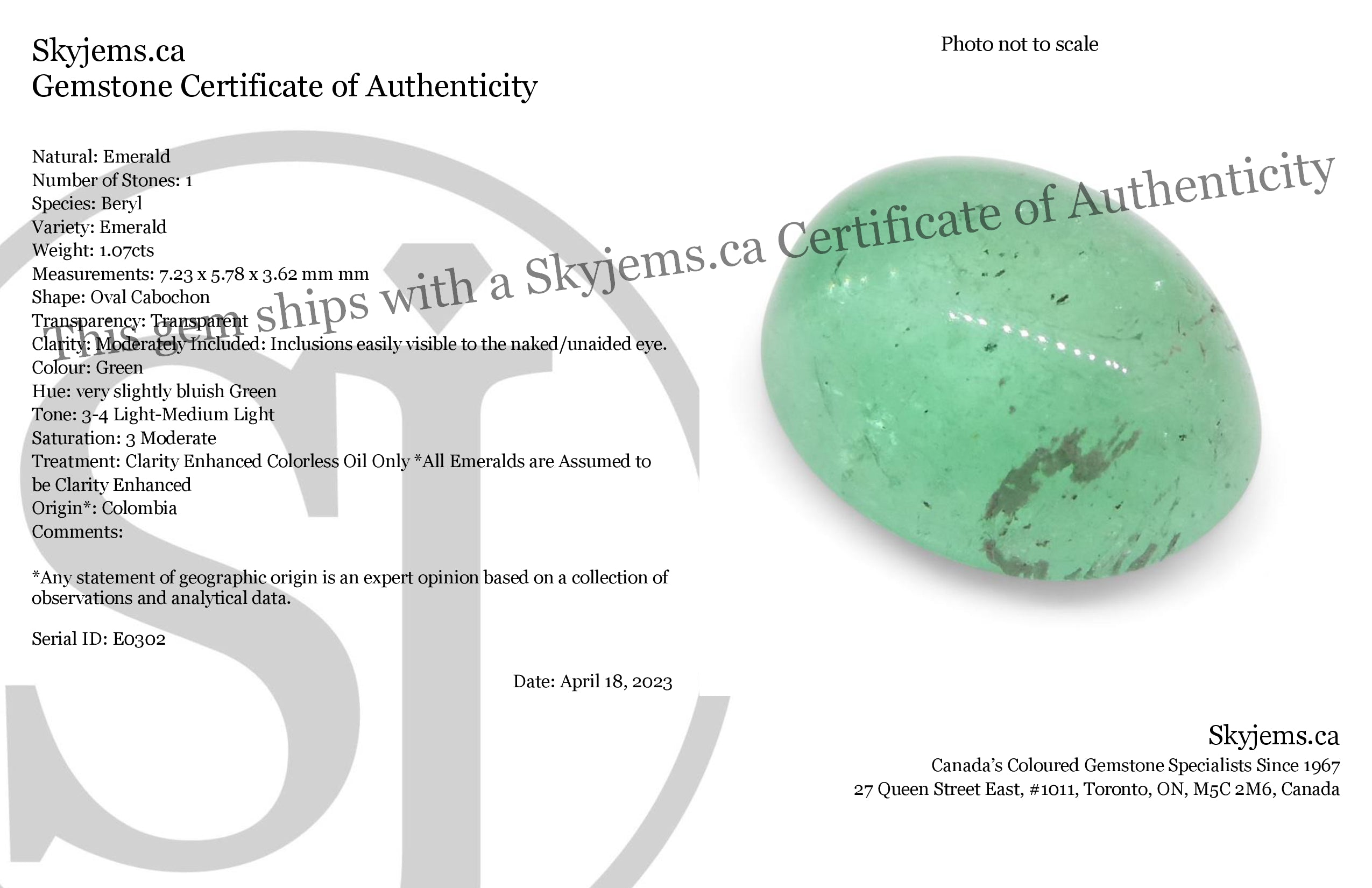 SkyJems 1.07ct Colombian Green Emerald Oval Cabochon, rich verdant beryl gemstone from South American mines