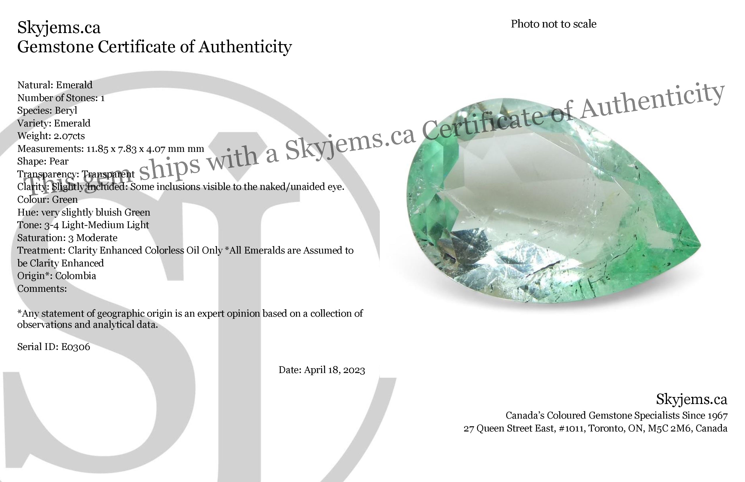 2.07ct Colombian Pear Green Emerald, Moderate Clarity, SkyJems Fine Gemstones Rare Natural Beryl
