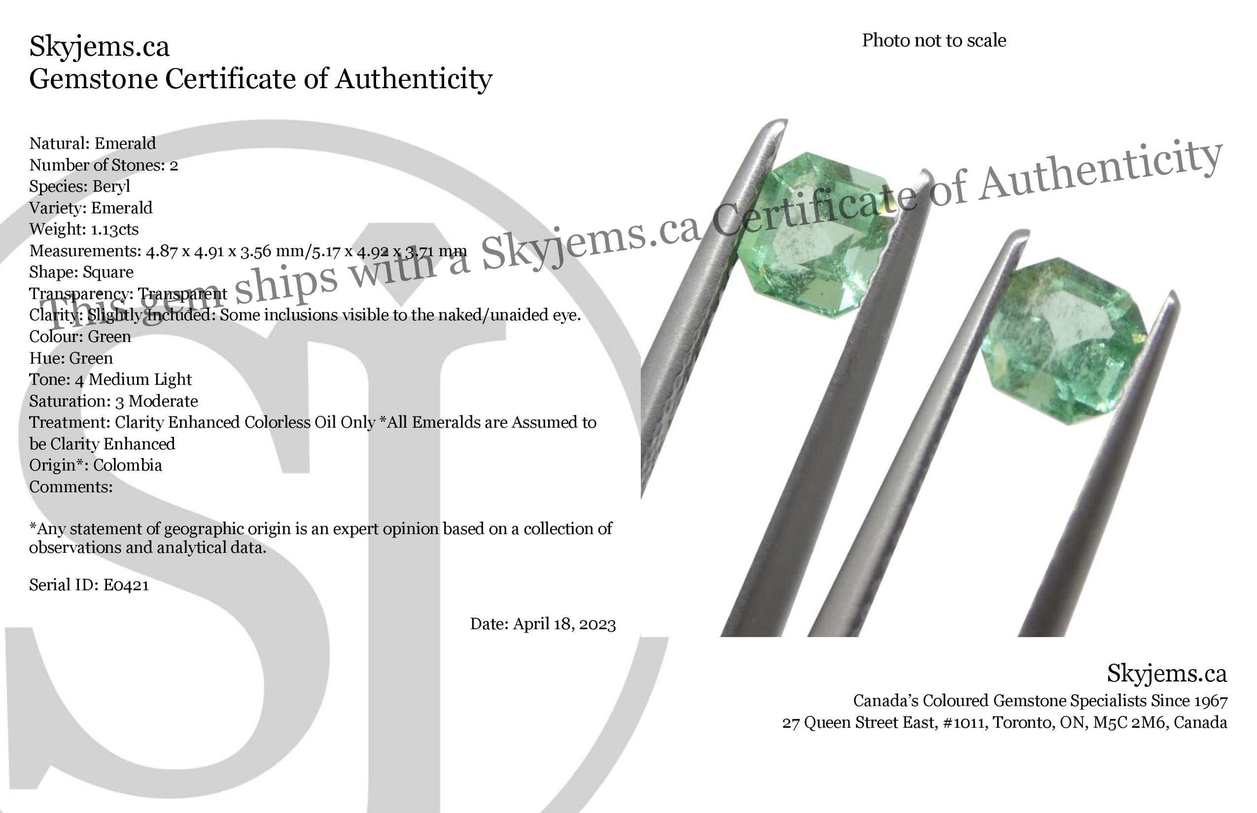 1.13ct Colombian Green Emerald Pair, Square Step Cut Gemstones from SkyJems Premium Gem Collection