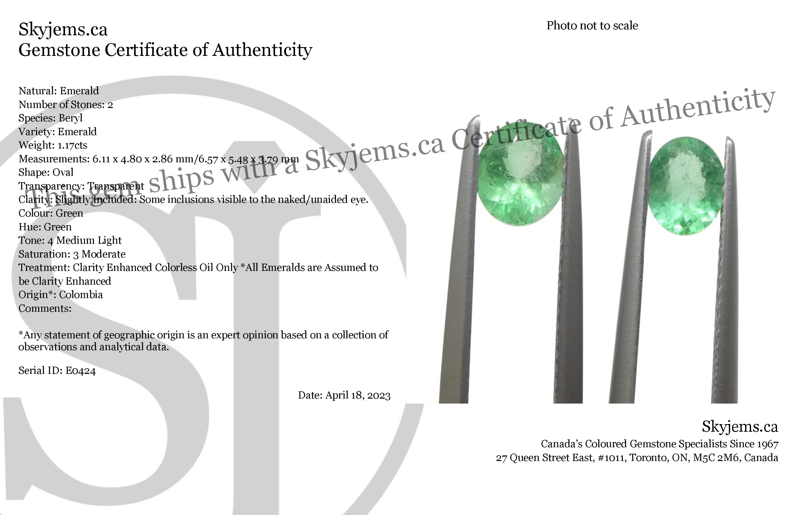 1.17ct Colombian Green Emerald Pair, Oval Brilliant Cut Gemstones by SkyJems Fine Gems Canada
