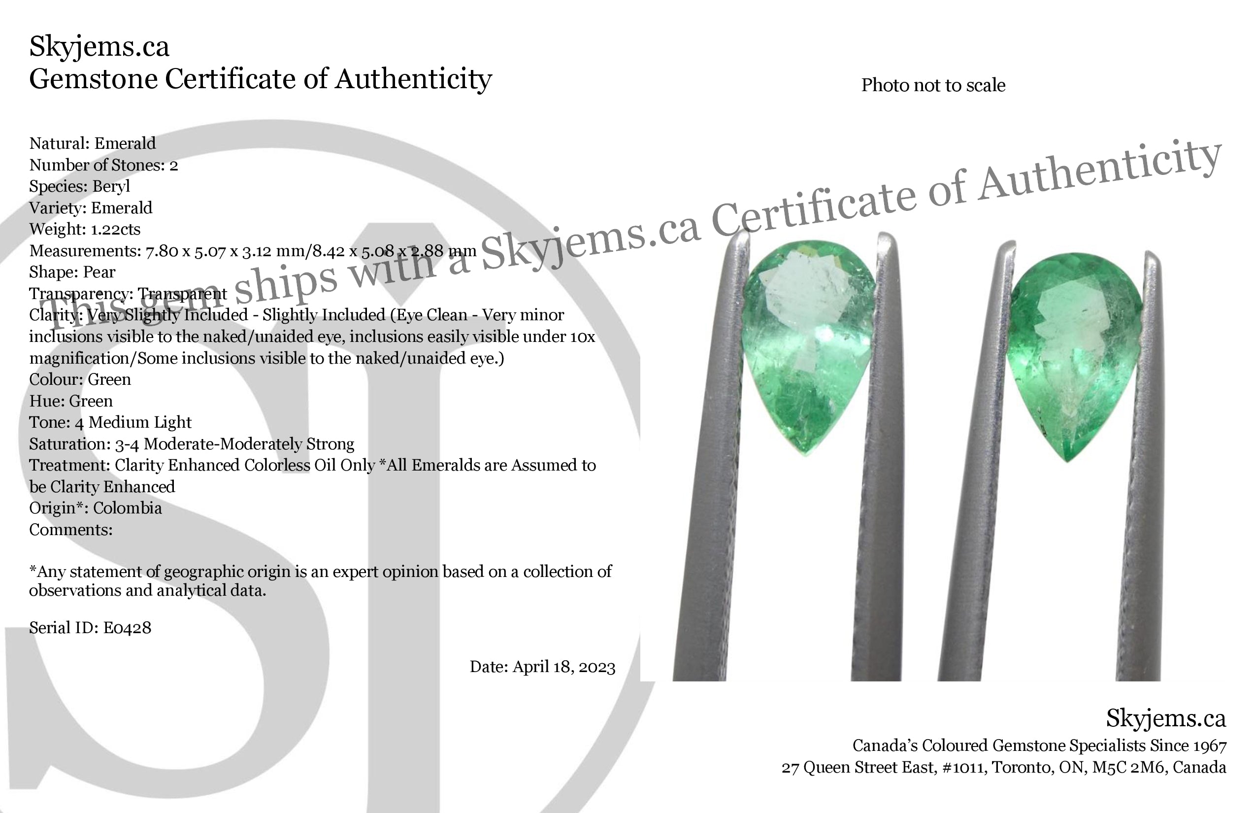 1.22ct Colombian Green Emerald Pair, Pear-Cut Gemstones from SkyJems Premium Gem Collection