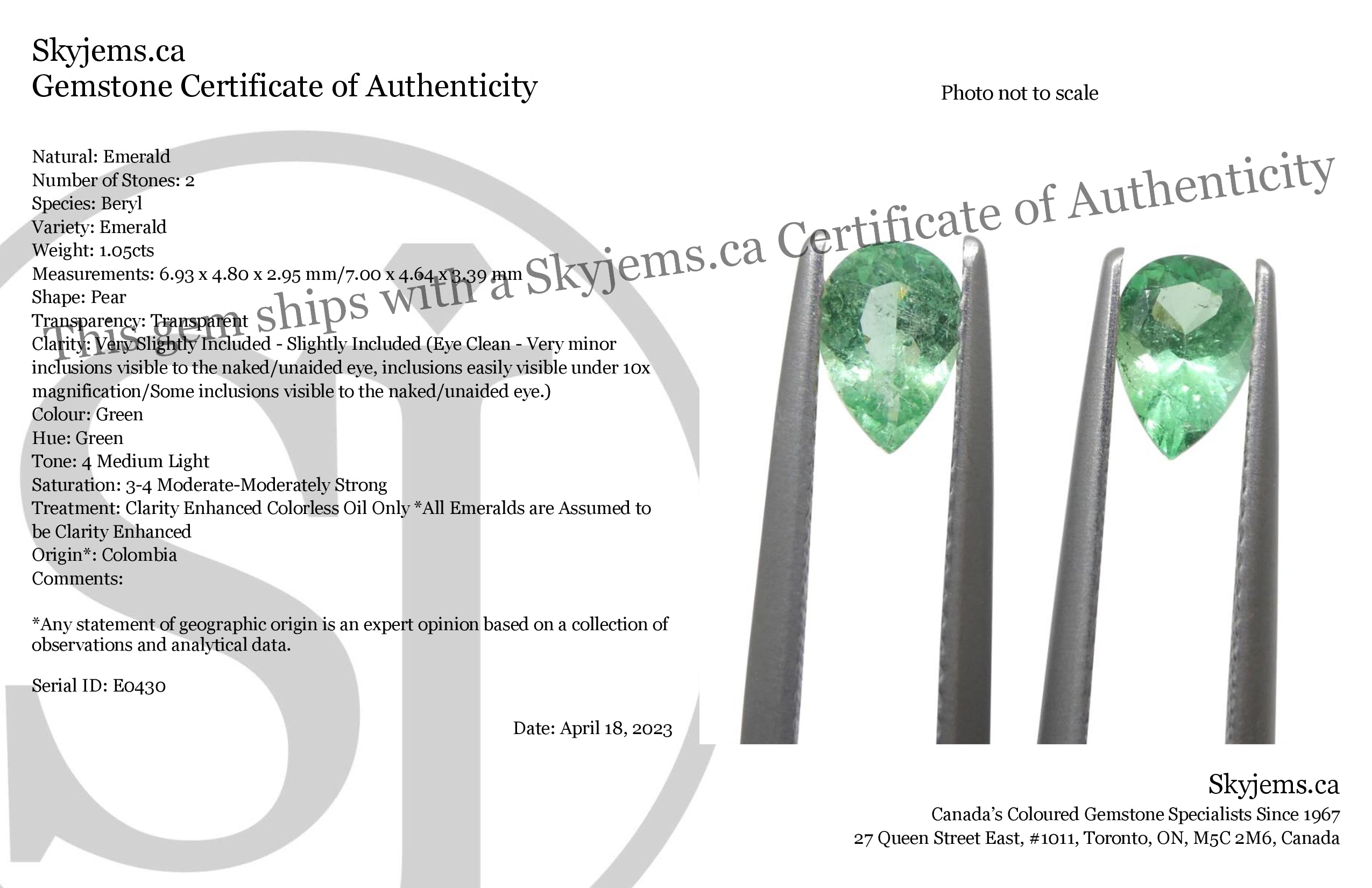 1.05ct Colombian Green Emerald Pear Pair from SkyJems - Premium Beryl Gemstone with Moderate Clarity and Vibrant Color