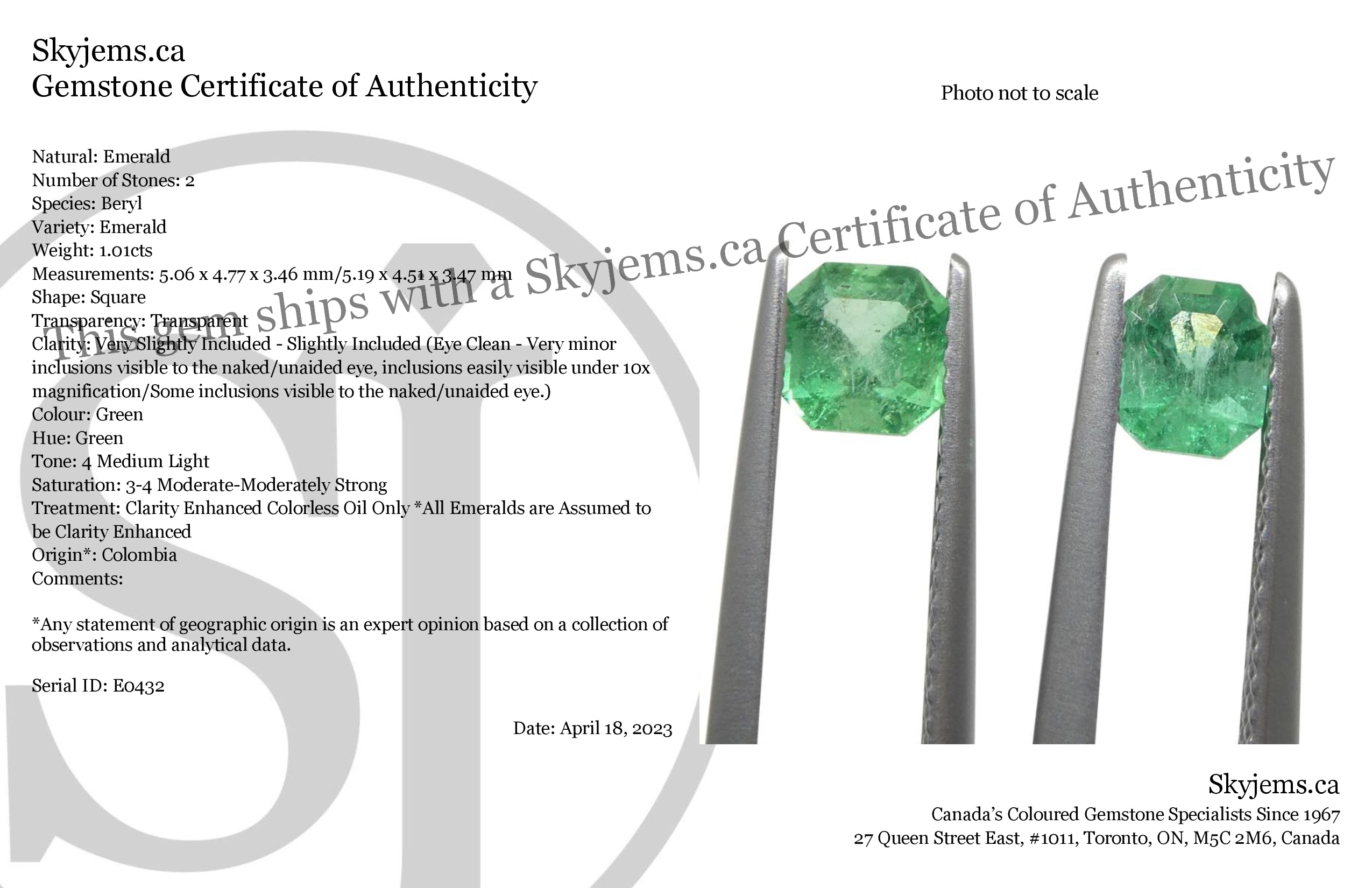 1.01ct Colombian Green Emerald Pair, Square Step Cut Gemstones from SkyJems Premium Gem Collection