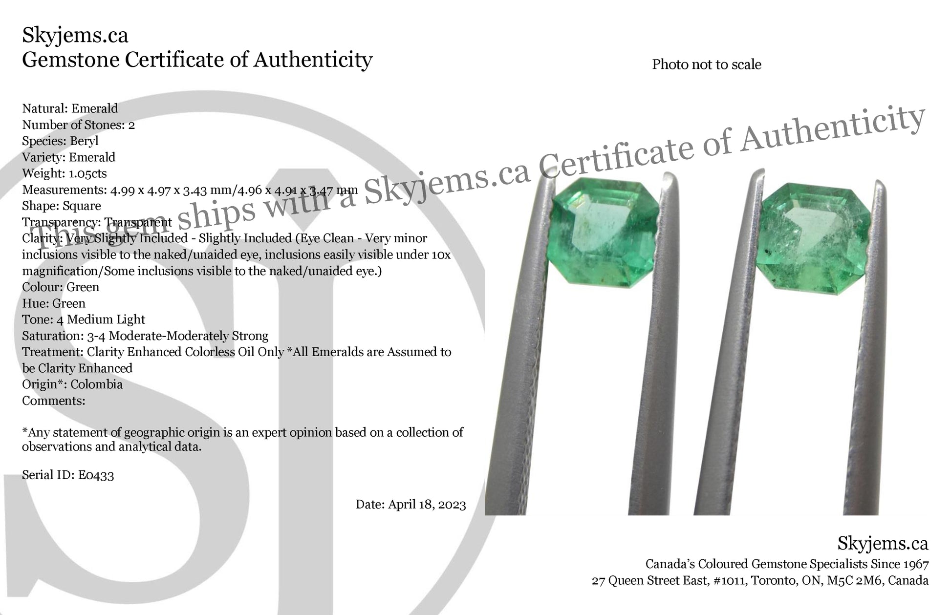 1.05ct Pair Square Green Emerald from Colombia - Skyjems Wholesale Gemstones