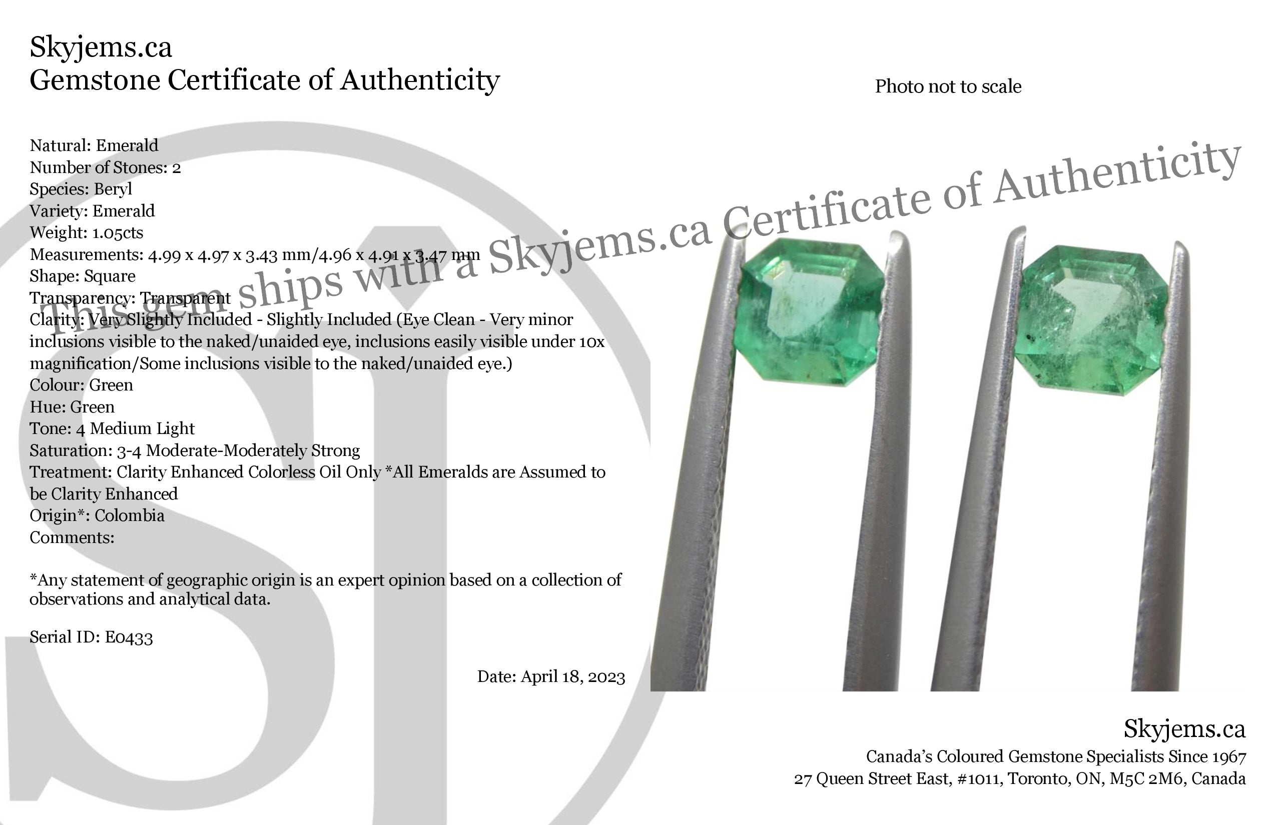 1.05ct Colombian Green Emerald Pair, Square Step Cut Gemstones from SkyJems Rare Gem Collection