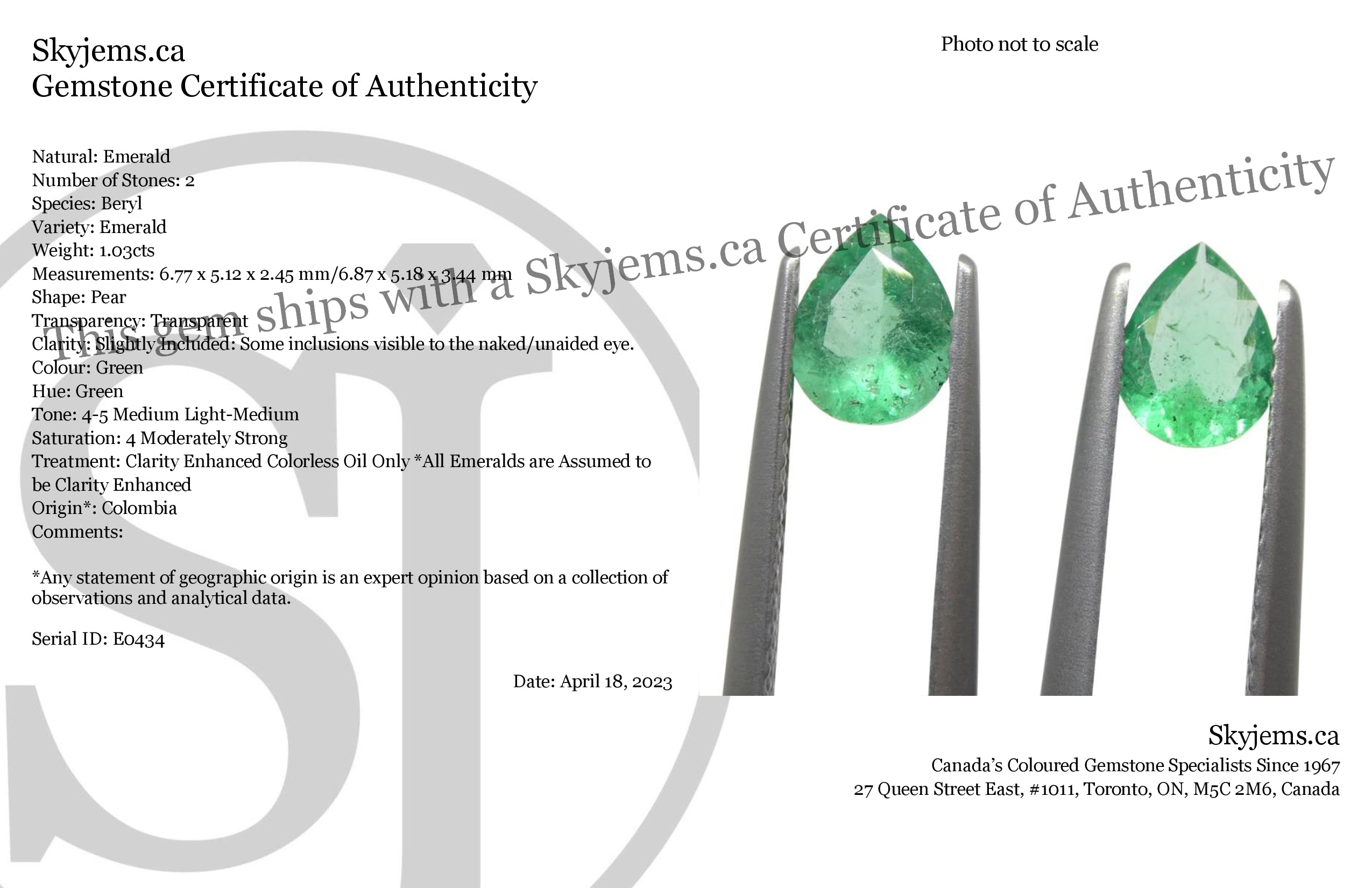 1.03ct Colombian Green Emerald Pear Pair, Vibrant Medium-Light Beryl Gemstone from SkyJems Canada