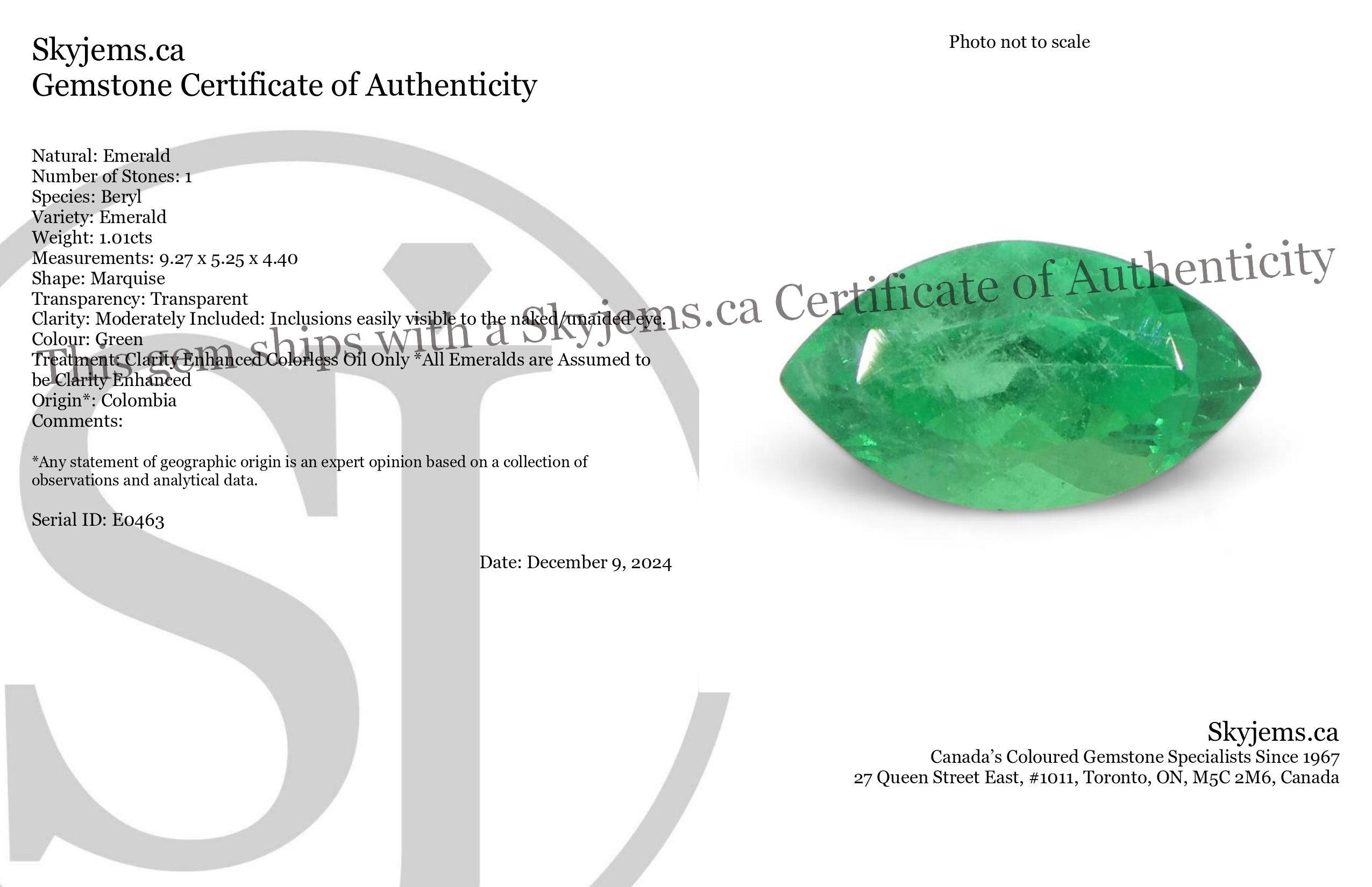 1.01ct Colombian Marquise Green Emerald, Very Slightly Bluish Green, Step Cut - Premium SkyJems Gemstone