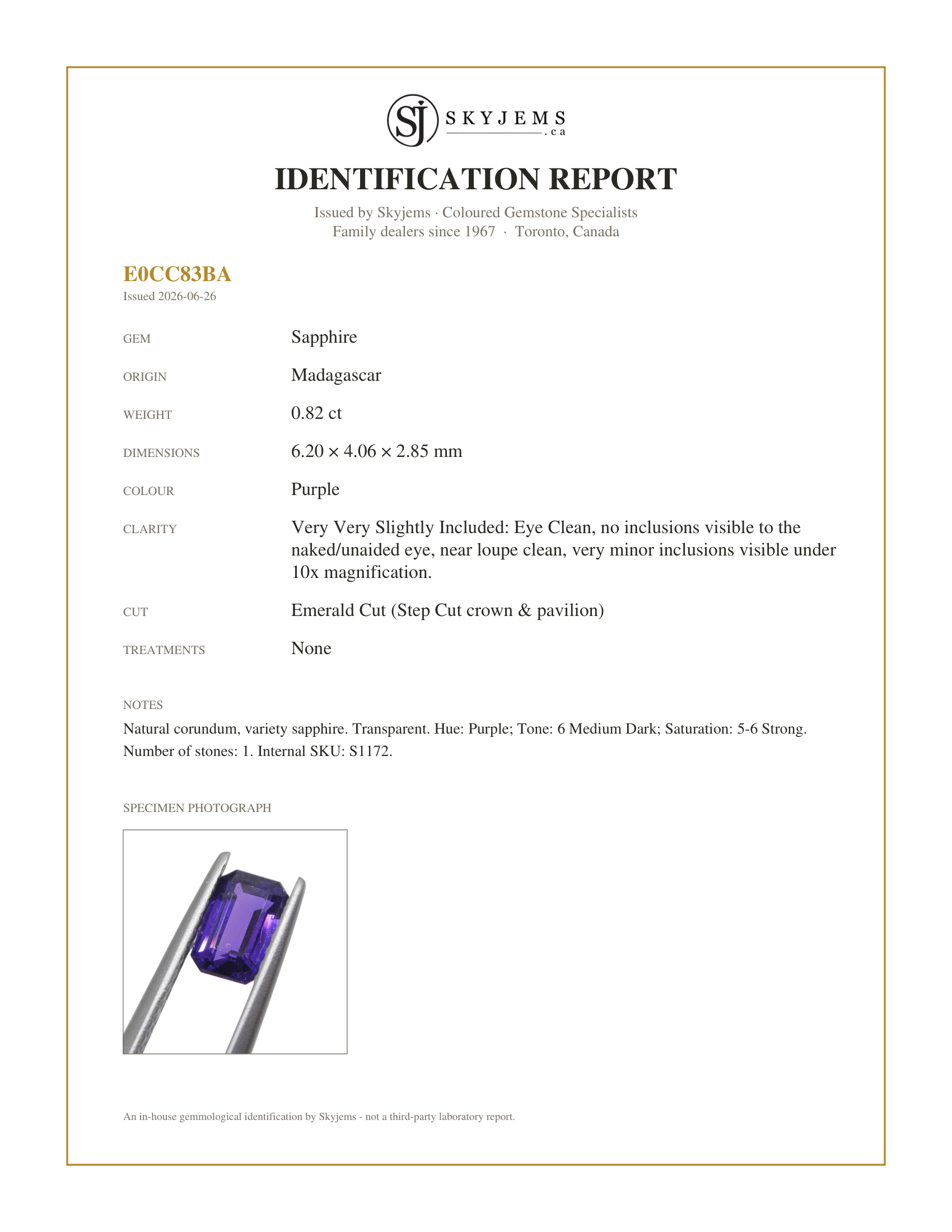Skyjems Identification Report for S1172 — 0.82ct Emerald Cut Purple Sapphire from Madagascar Unheated
