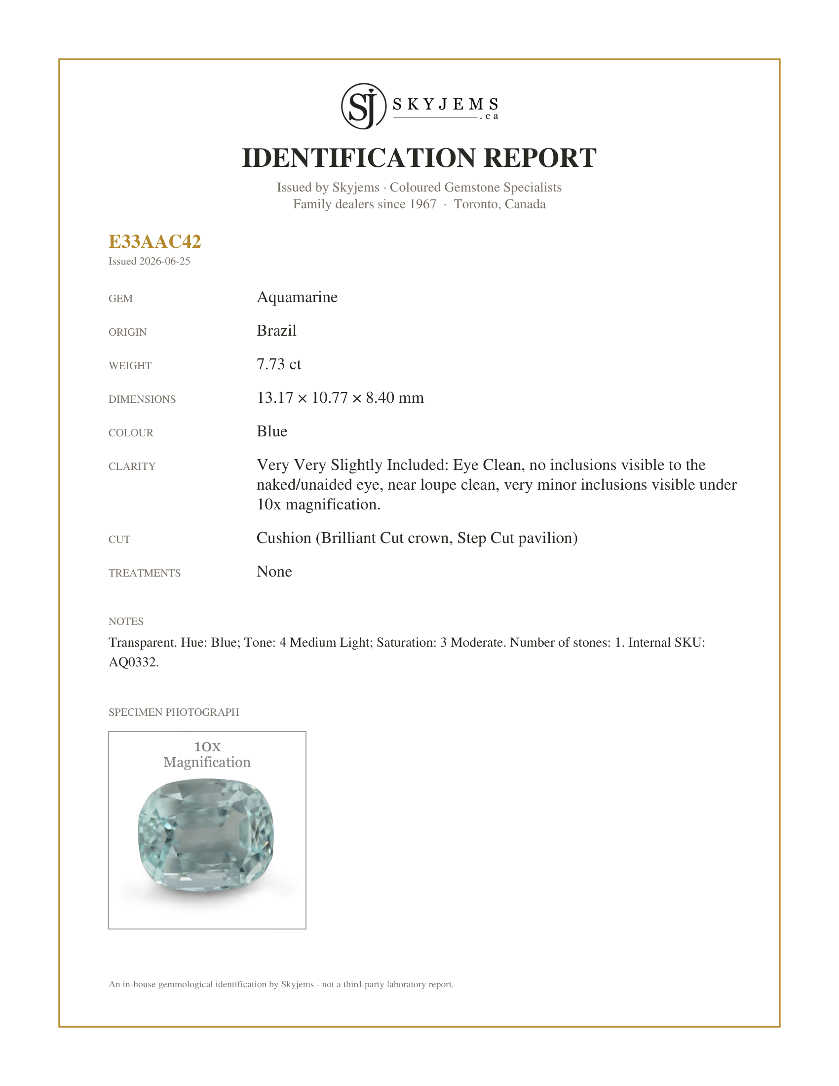 Skyjems Identification Report for AQ0332 — 7.73ct Cushion Blue Aquamarine