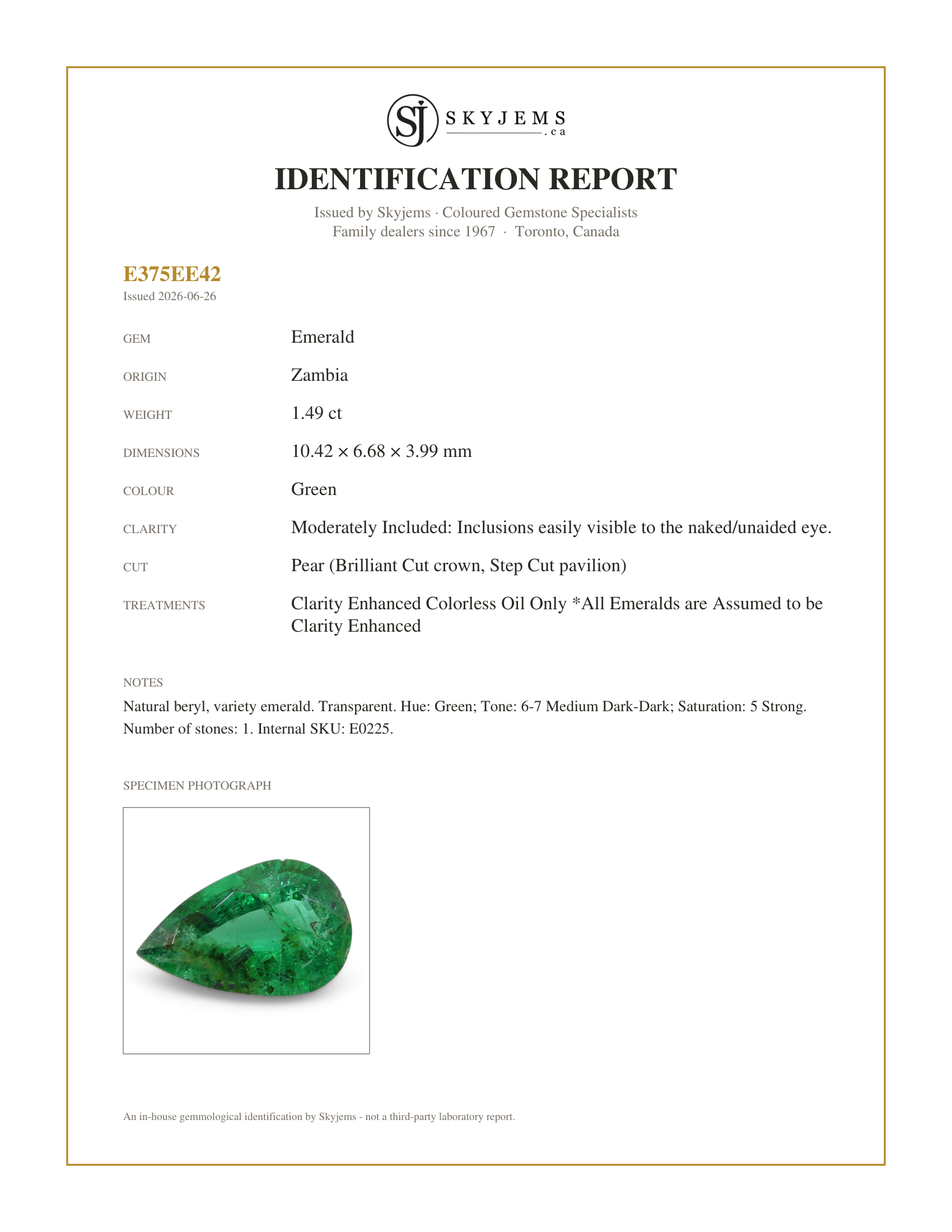 Skyjems Identification Report for E0225 — 1.49ct Pear Green Emerald from Zambia