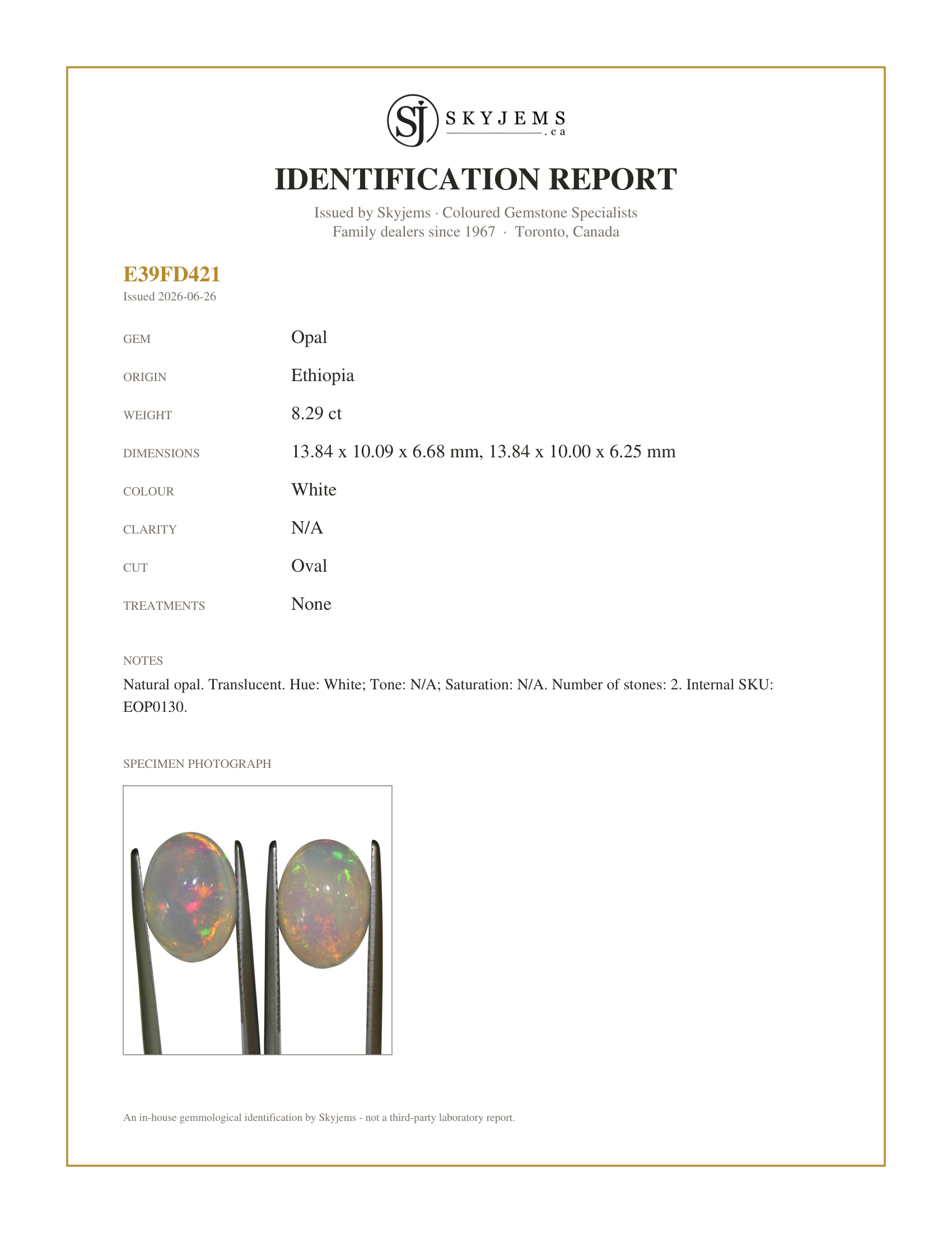 Skyjems Identification Report for EOP0130 — 8.29ct Pair Oval Cabochon White Crystal Opal from Ethiopia