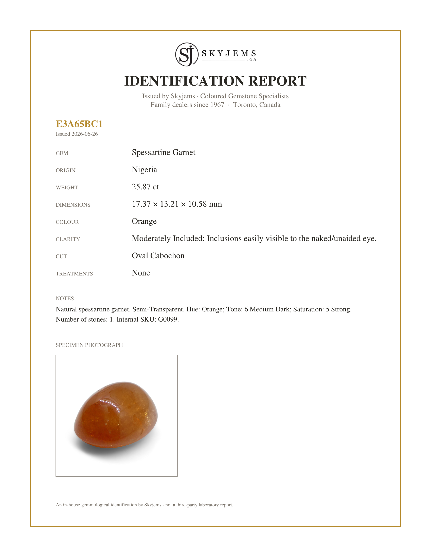 Skyjems Identification Report for G0099 — 25.87ct Oval Cabochon Orange Mandarin Spessartine Garnet from Nigeria