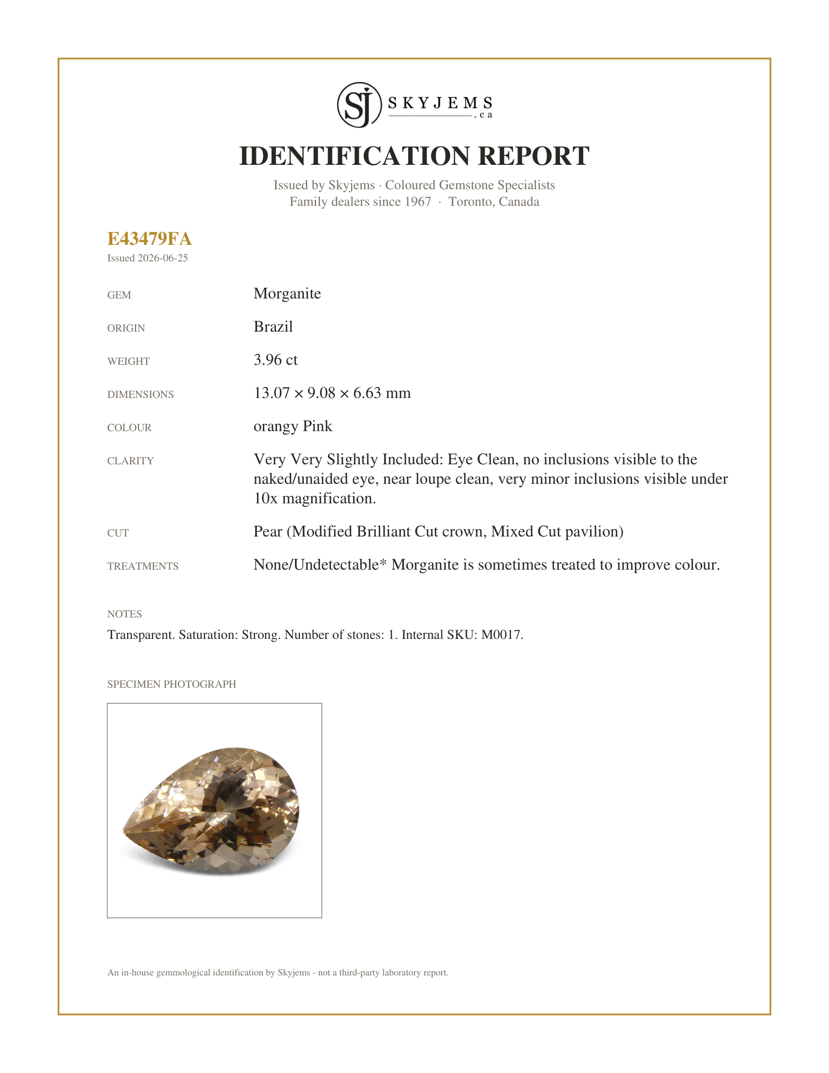 Skyjems Identification Report for M0017 — 3.96 ct Pear Morganite