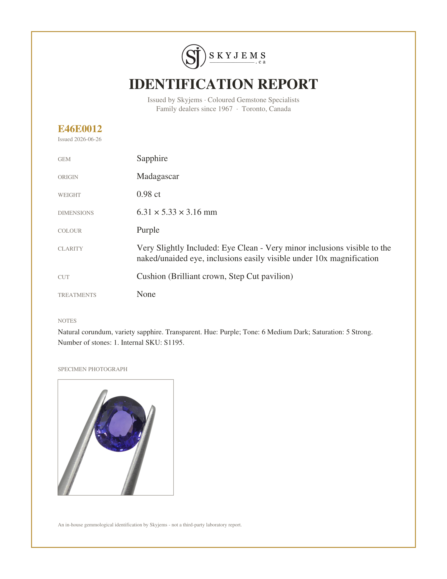Skyjems Identification Report for S1195 — 0.98ct Cushion Purple Sapphire from Madagascar Unheated