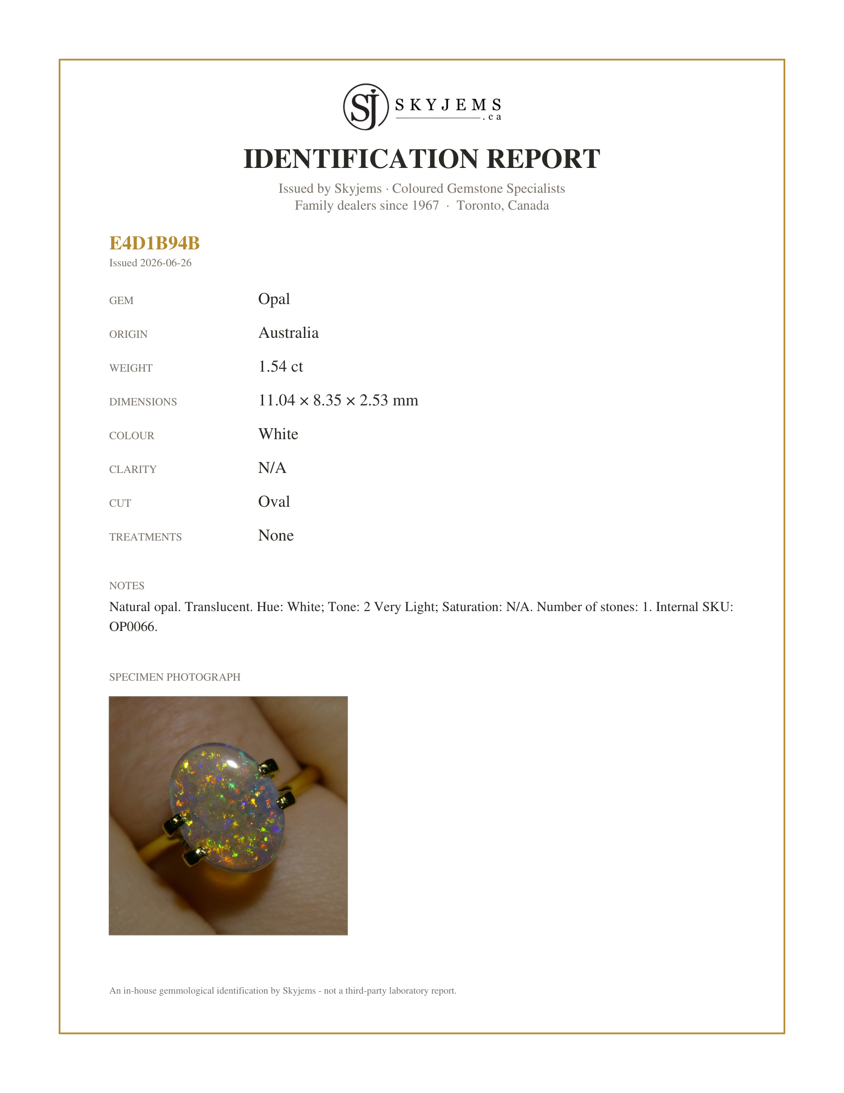 Skyjems Identification Report for OP0066 — 1.54ct Oval Cabochon White Opal from Australia