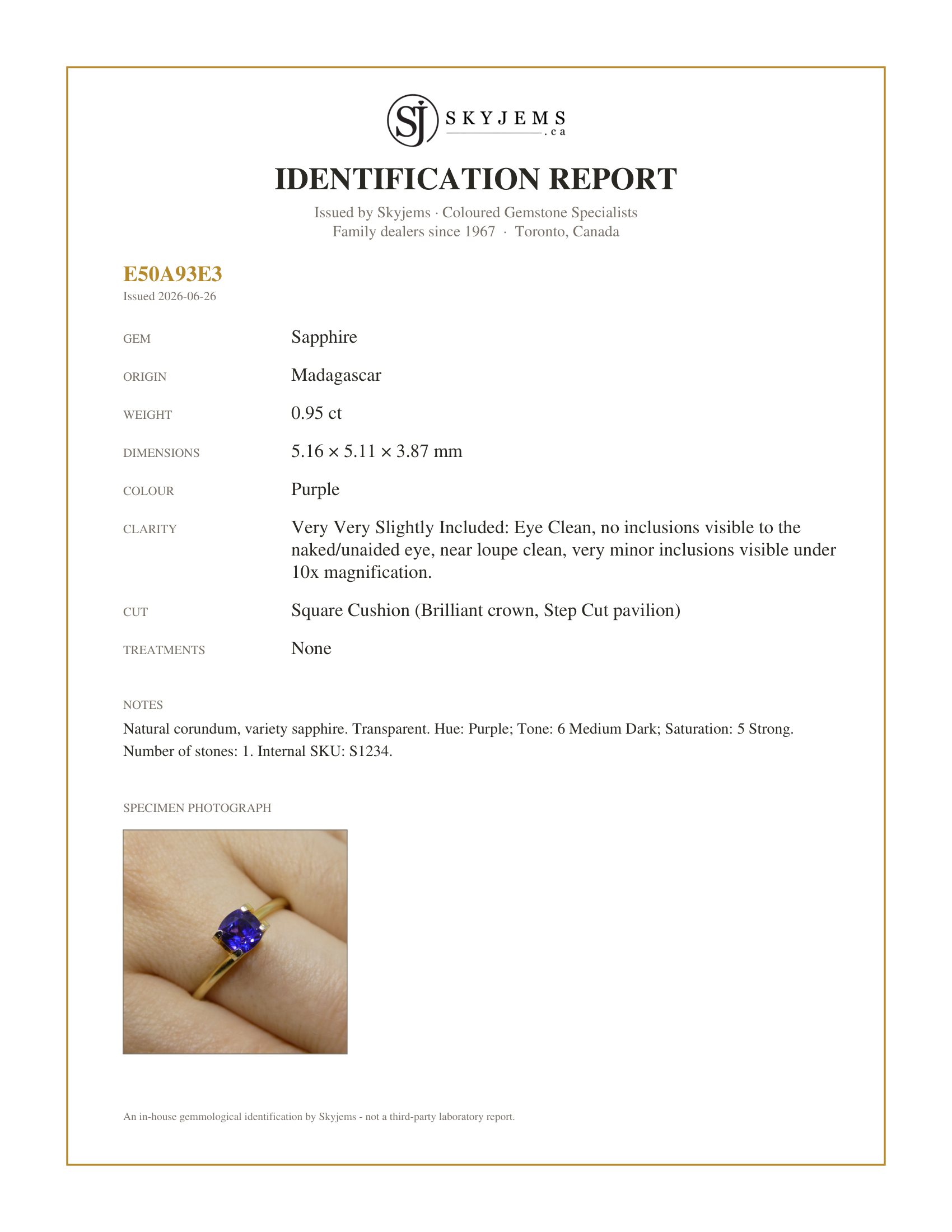Skyjems Identification Report for S1234 — 0.95ct Square Cushion Purple Sapphire from Madagascar