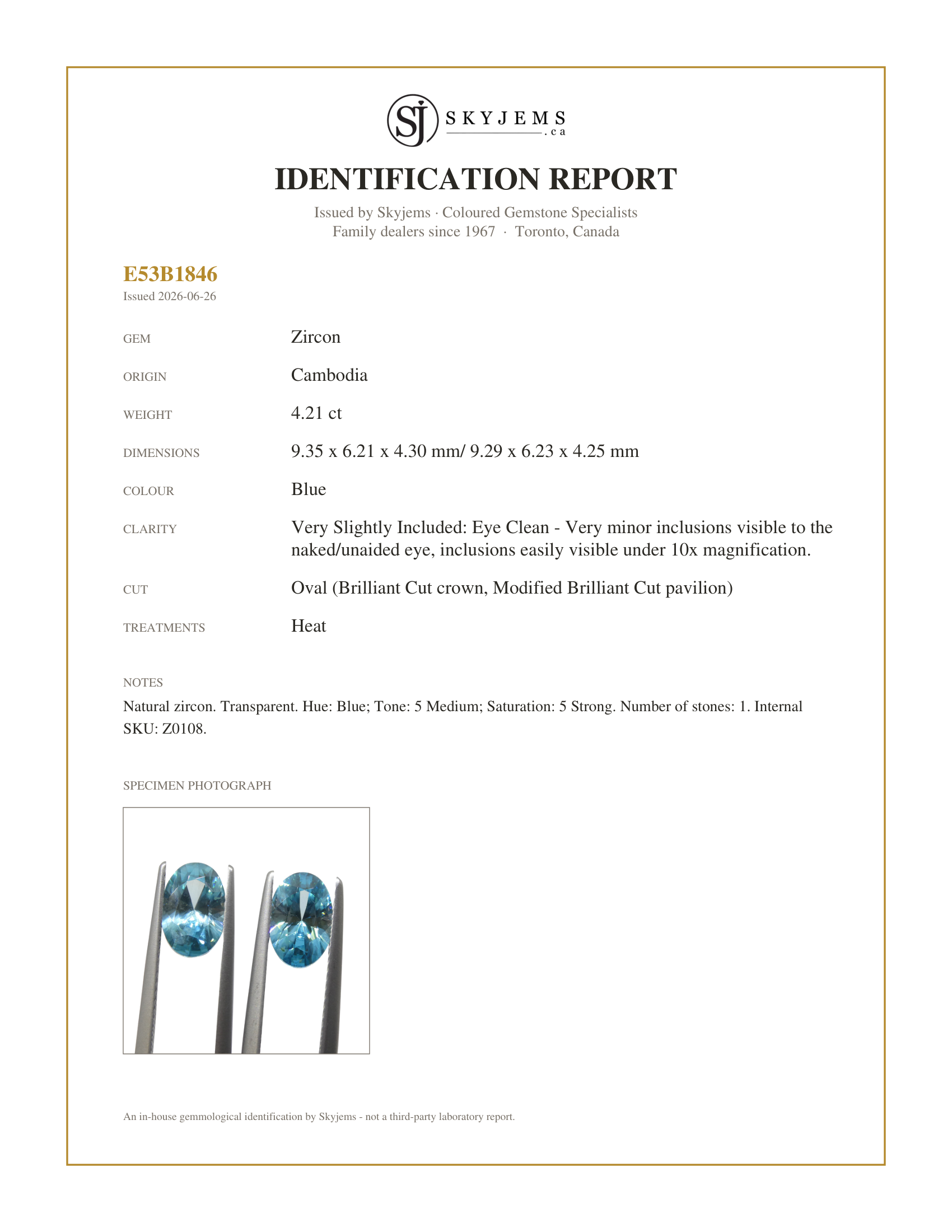 Skyjems Identification Report for Z0108 — 4.21ct Natural Earth Mined Oval Master Brilliant Cut Blue Zircon from Cambodia