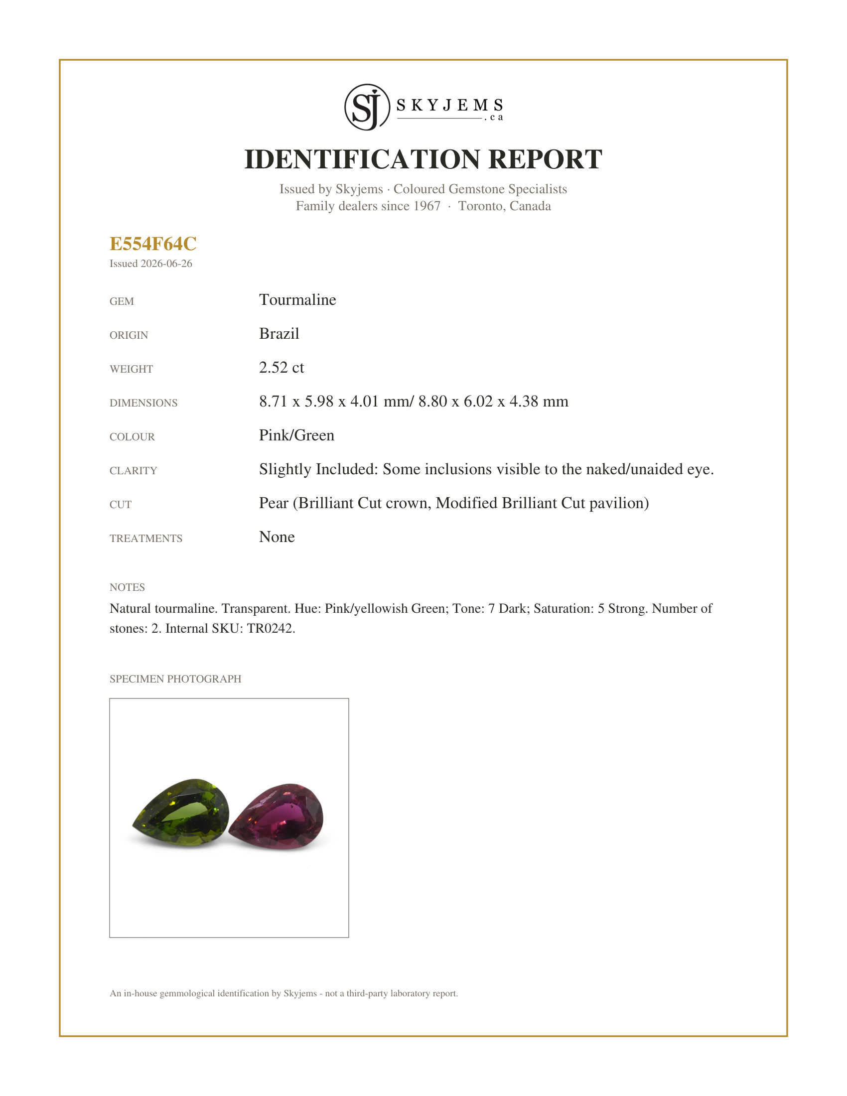 Skyjems Identification Report for TR0242 — 2.52ct Pair Pear Pink/Green Tourmaline