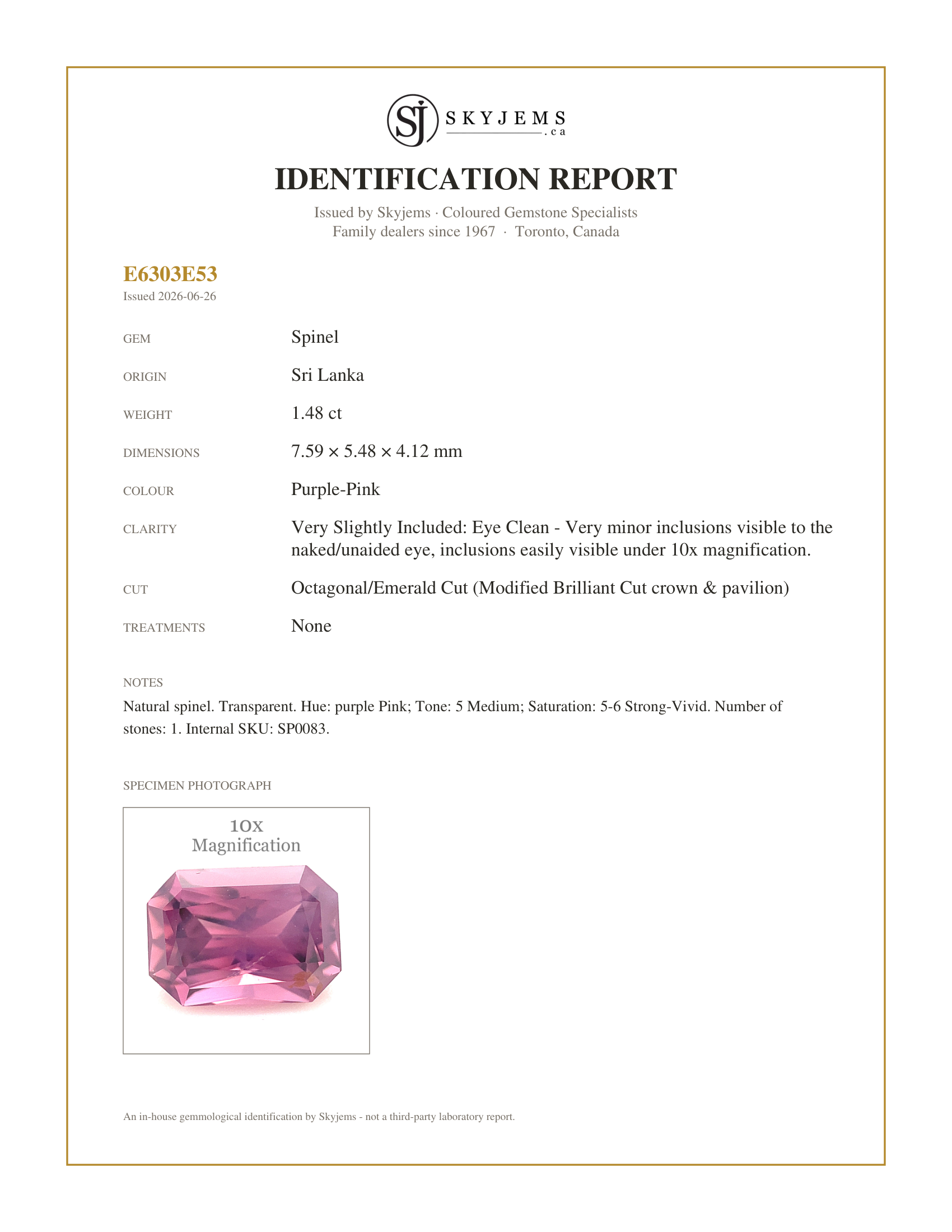 Skyjems Identification Report for SP0083 — 1.48ct Octagonal/Emerald Cut Purple-Pink Spinel from Sri Lanka Unheated