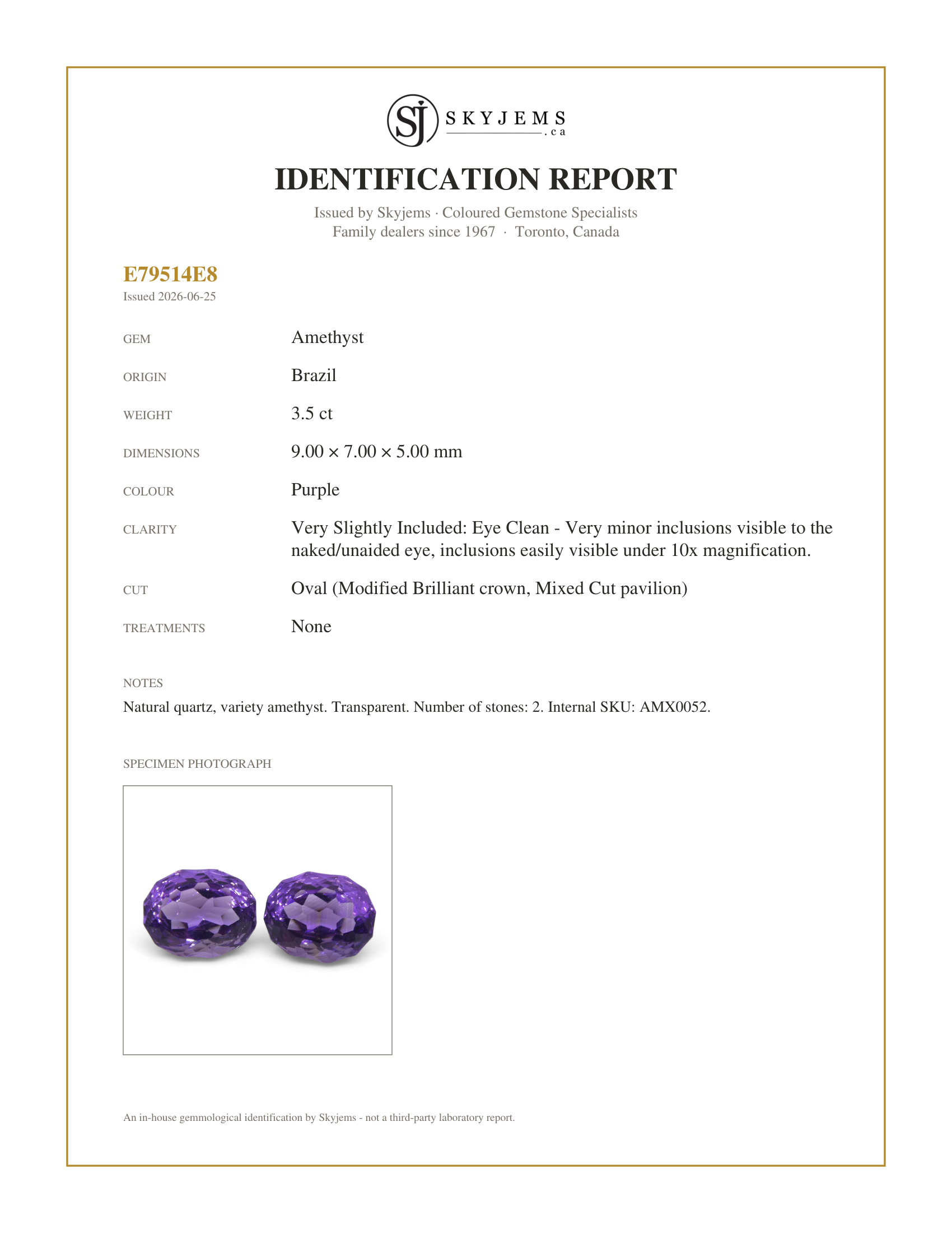 Skyjems Identification Report for AMX0052 — 3.50ct Oval Amethyst 'Ruth' Fantasy/Fancy Cut Pair