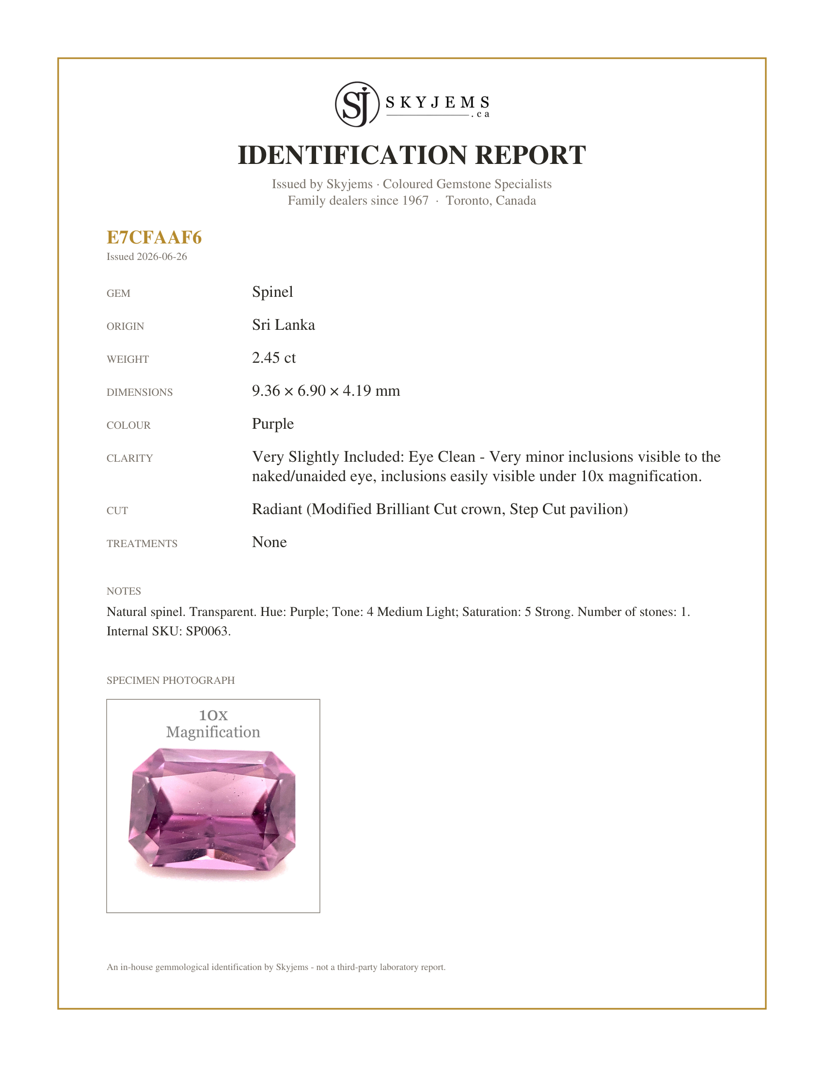 Skyjems Identification Report for SP0063 — 2.45ct Radiant Purple Spinel from Sri Lanka Unheated
