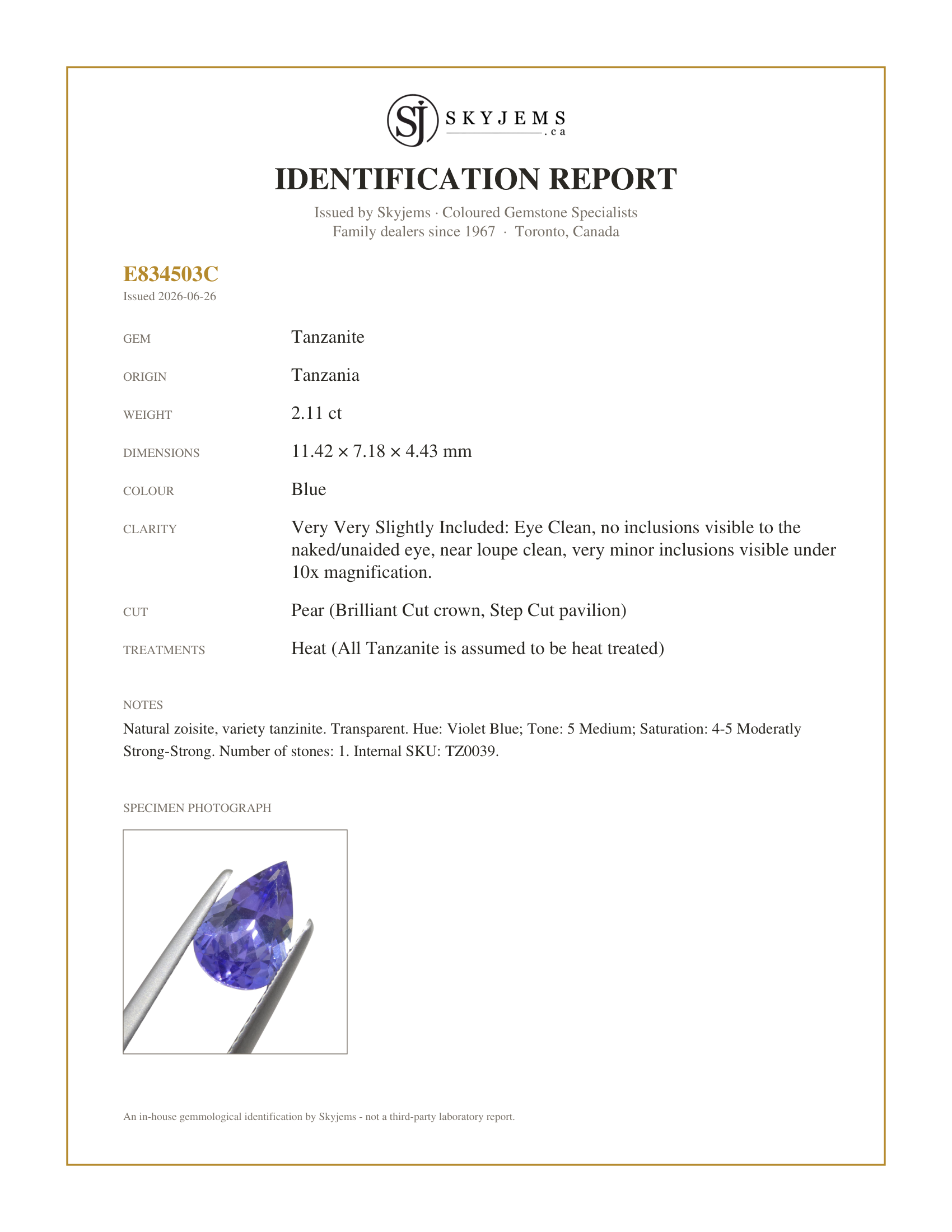 Skyjems Identification Report for TZ0039 — 2.11ct Pear Blue Tanzanite from Tanzania
