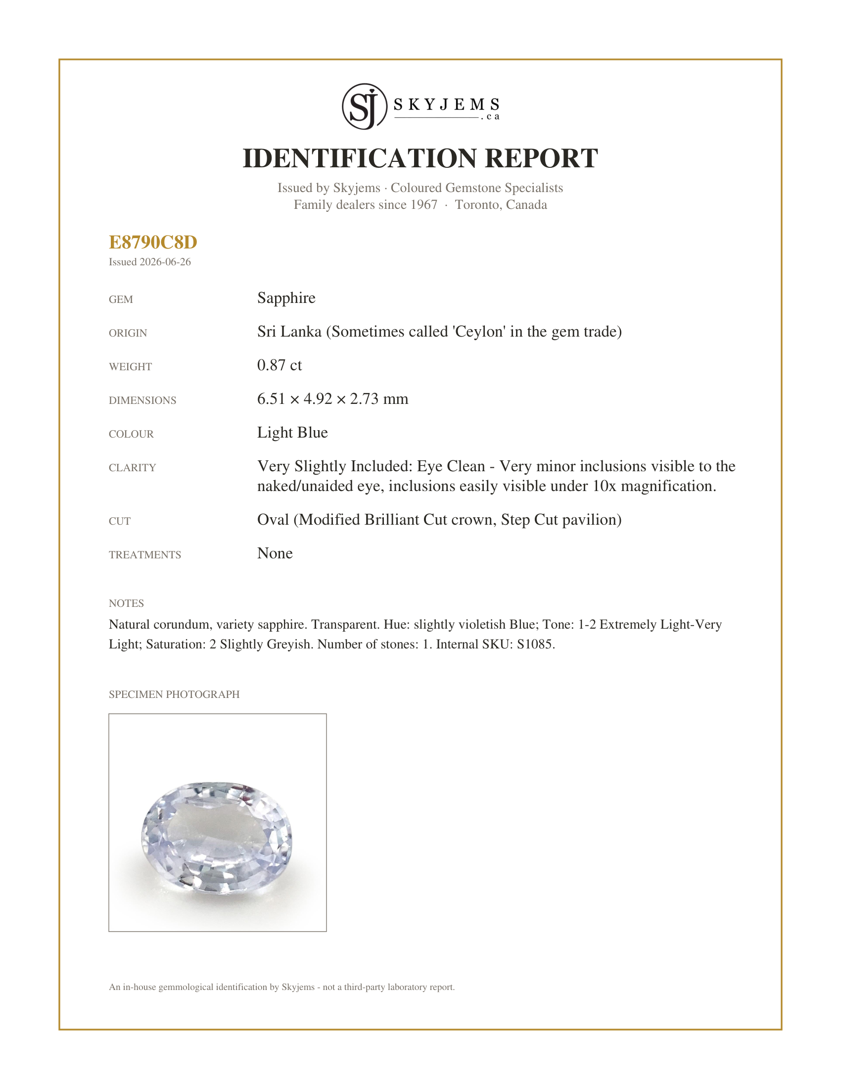 Skyjems Identification Report for S1085 — 0.87ct Oval Icy Blue Sapphire from Sri Lanka Unheated