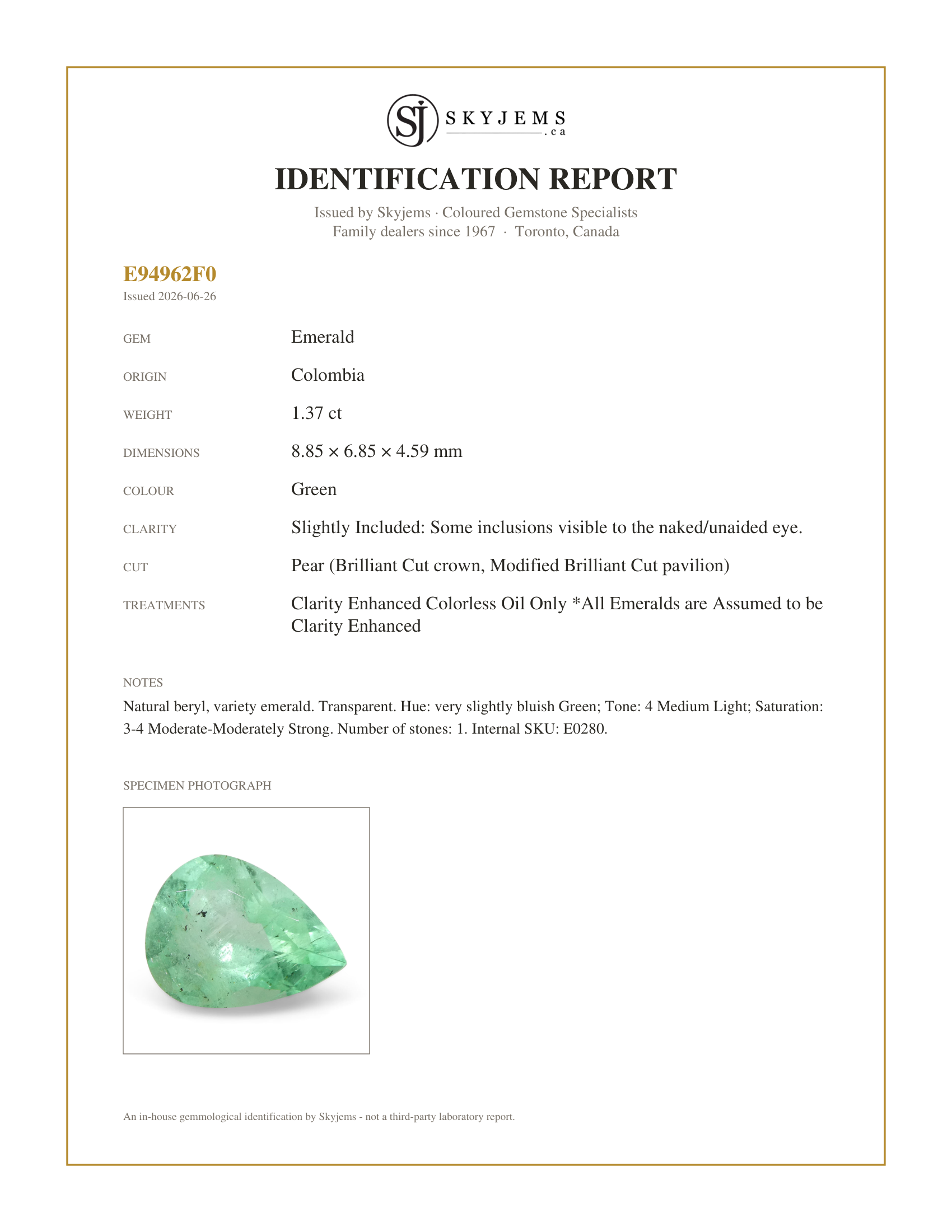 Skyjems Identification Report for E0280 — 1.37ct Pear Green Emerald from Colombia